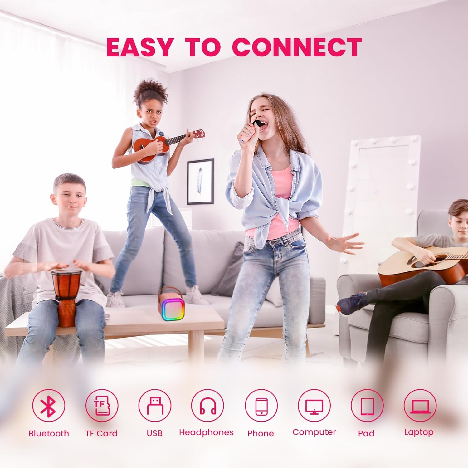 Mini Karaoke Machine for Kids and Adults, Kids Toy Gifts Karaoke Microphones, Portable Bluetooth Speaker with 2 Wireless Mics, Karaokee with LED Lights for Home Party Birthday (Pink) image number 4