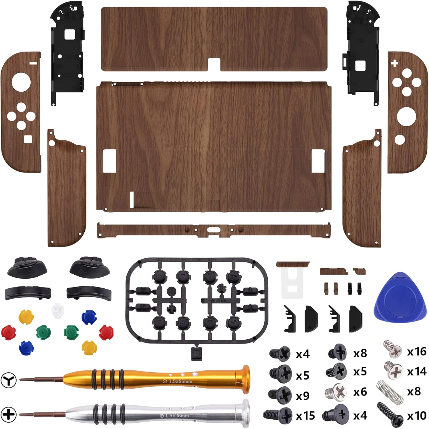 Extremerate Wood Grain Soft Touch Full Set Shell for Nintendo Switch OLED, Replacement Console Back Plate & Metal Kickstand, NS Joycon Handheld Controller Housing & Buttons for Nintendo Switch OLED image number 3