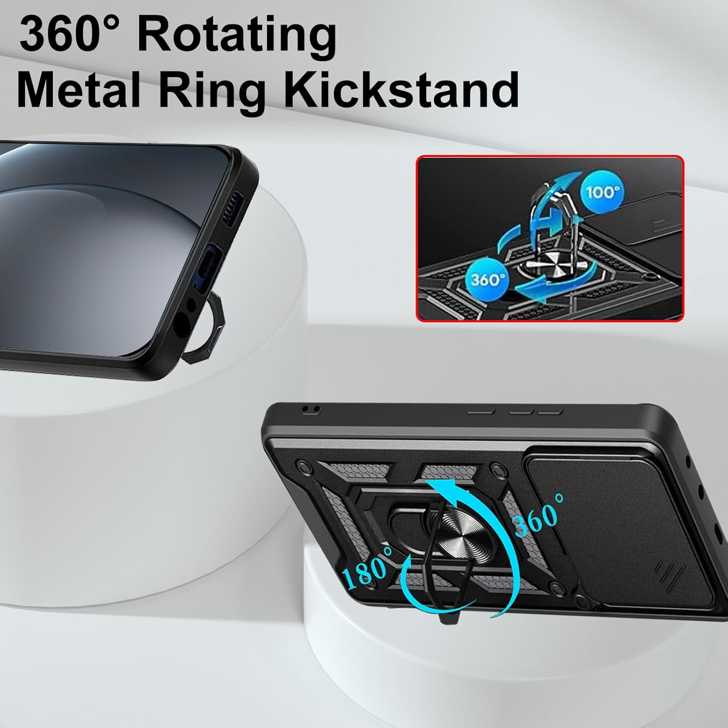 CONAPIKA Case for Oppo Find X9 Pro with 2 Tempered Glass, Heavy Duty Protective Cover Rotating Magnetic Car Bracket Camera Protection Sliding Cover Hybrid Soft Tpu+Hard PC Anti-Scratch Case,Black image number 3