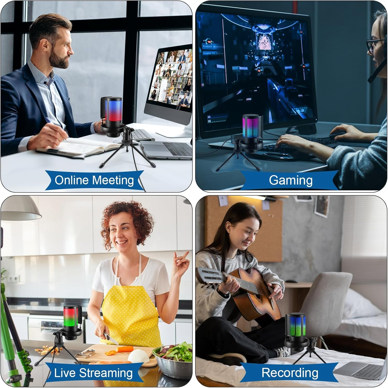 USB Microphone Gaming Mic with RGB Light, Condenser PC Podcast Microphone with Volume Control, Mute Button, Tripod Stand 3.5Mm Headphone Jack Compatible with Windows, Mac OS, Smartphones (Black) image number 2