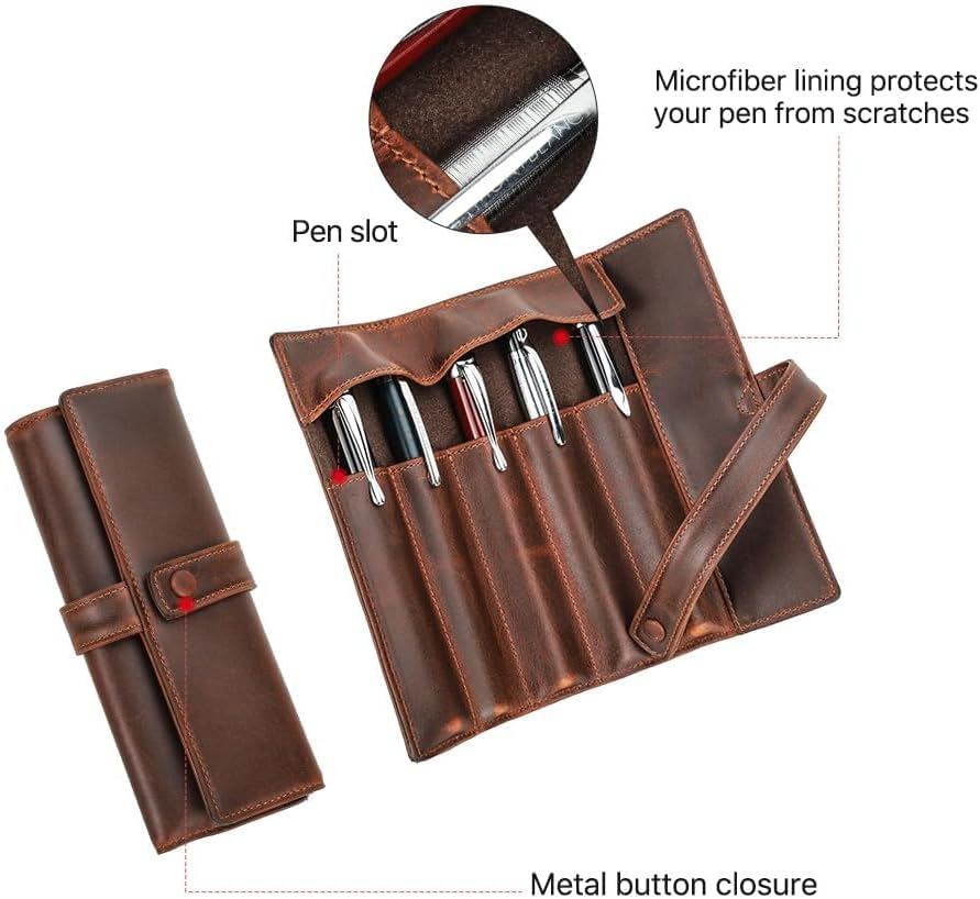 Contact'S Family Genuine Leather Fountain Pen Case for 5 Pens Jewelry Roll Large Capacity Leather Pen Case Pen Holder