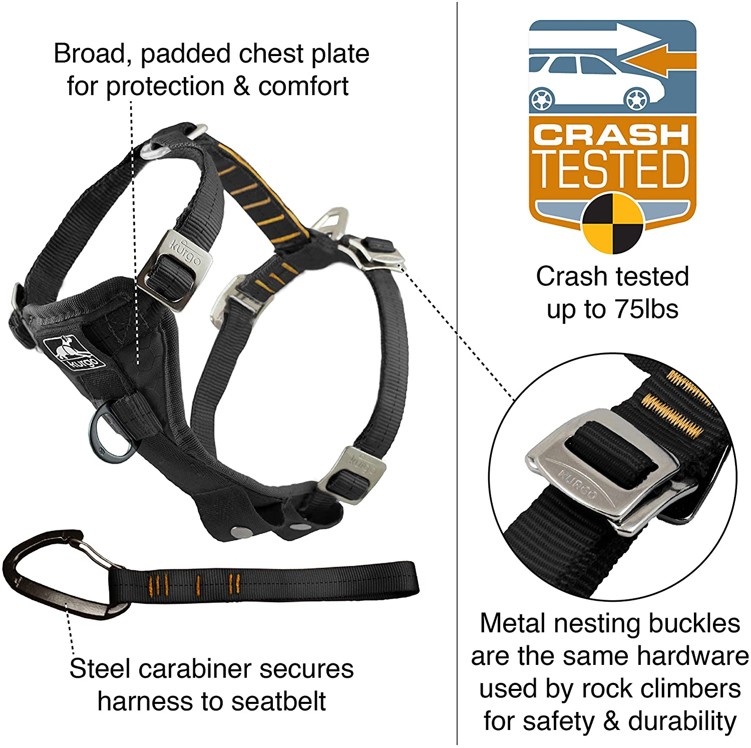 Kurgo Tru-Fit Enhanced Strength Dog Harness - Crash Tested Car Safety Harness for Dogs, No Pull Dog Harness, Includes Pet Safety Seat Belt, Steel Nesting Buckles (Charcoal, X-Small) image number 2
