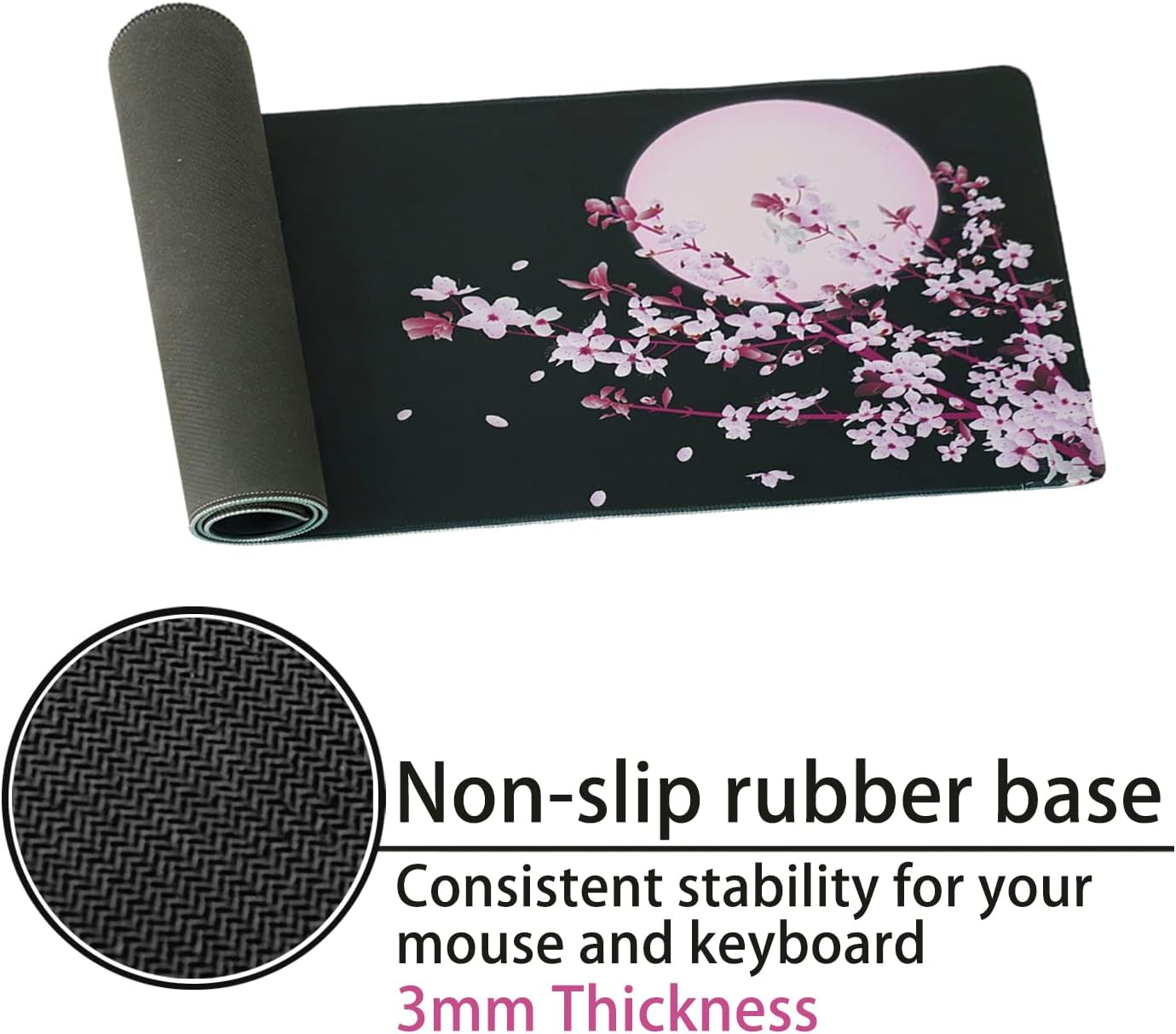 Japanese Cherry Blossom Sakura Mouse Pad Black XL, Extended Large Mouse Pad, Kawaii Pink Black Mousepad, Moon Floral Long Big Desk Mouse Mat, Cherry Blossom Decor Stuff Accessories, 31.5 X 11.8 Inch image number 6