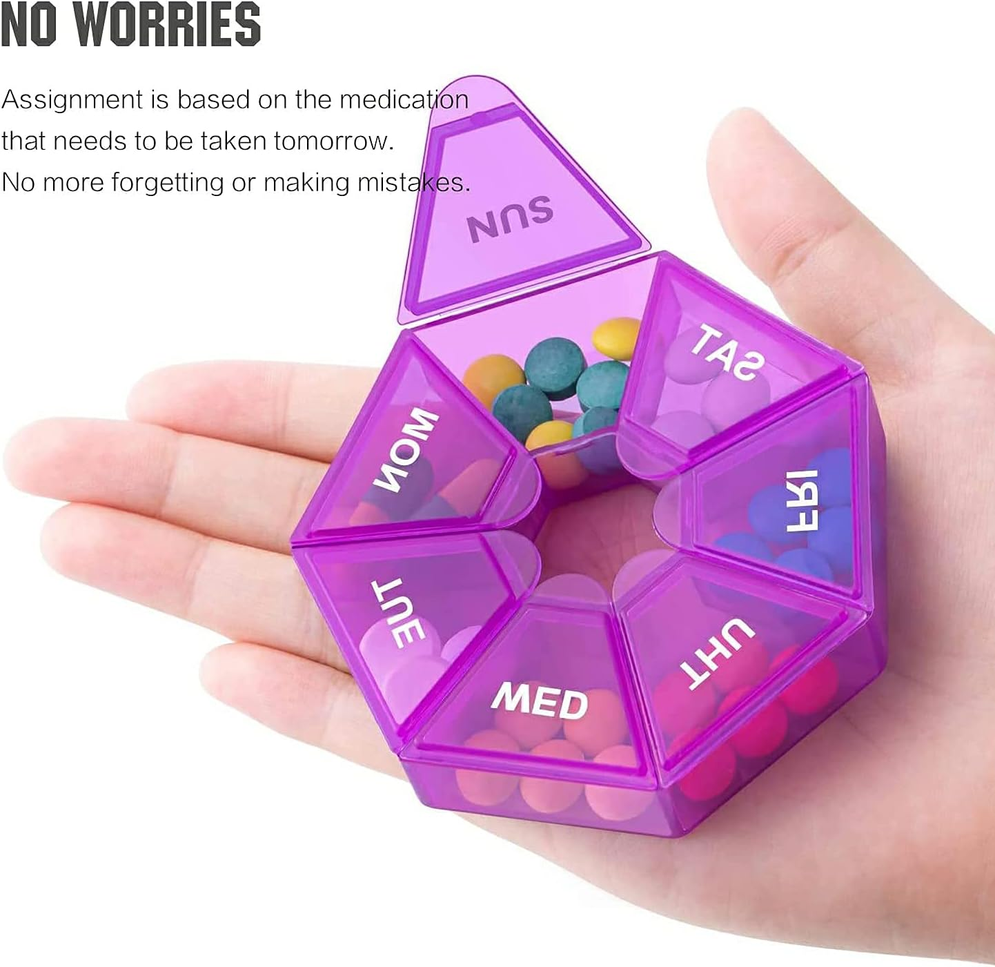 2Pcs 7-Sided Portable Pill Planner, Small Case - 7 Day Weekly Travel Container, Purple image number 2