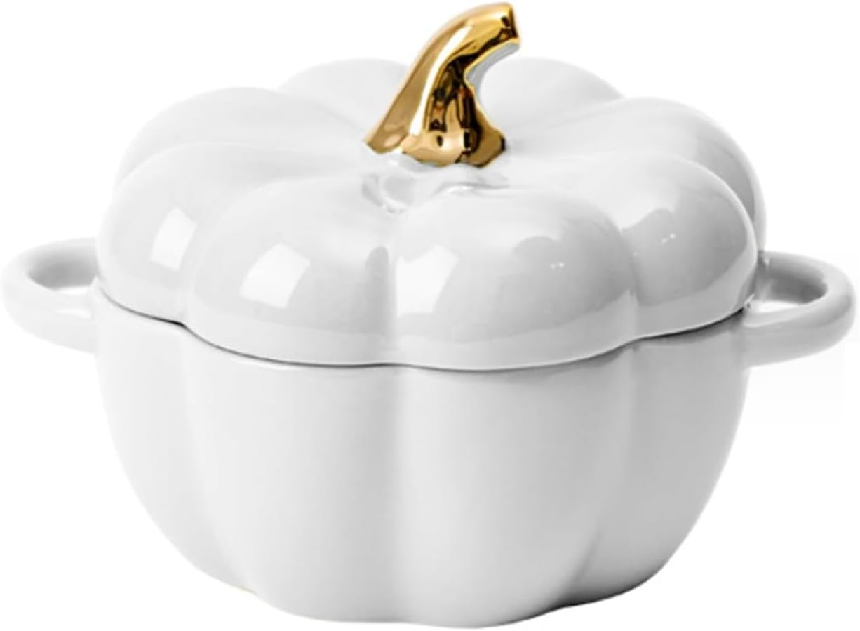 Cute Bowl with Lid, 15 Ounce Ceramic Pumpkin Soup Bowl with Handle, Microwave & Dishwasher Safe Pumpkin Dish Soup Cereal Bowl, Decor Dinnerware for Home Thanksgiving Halloween Party (White)