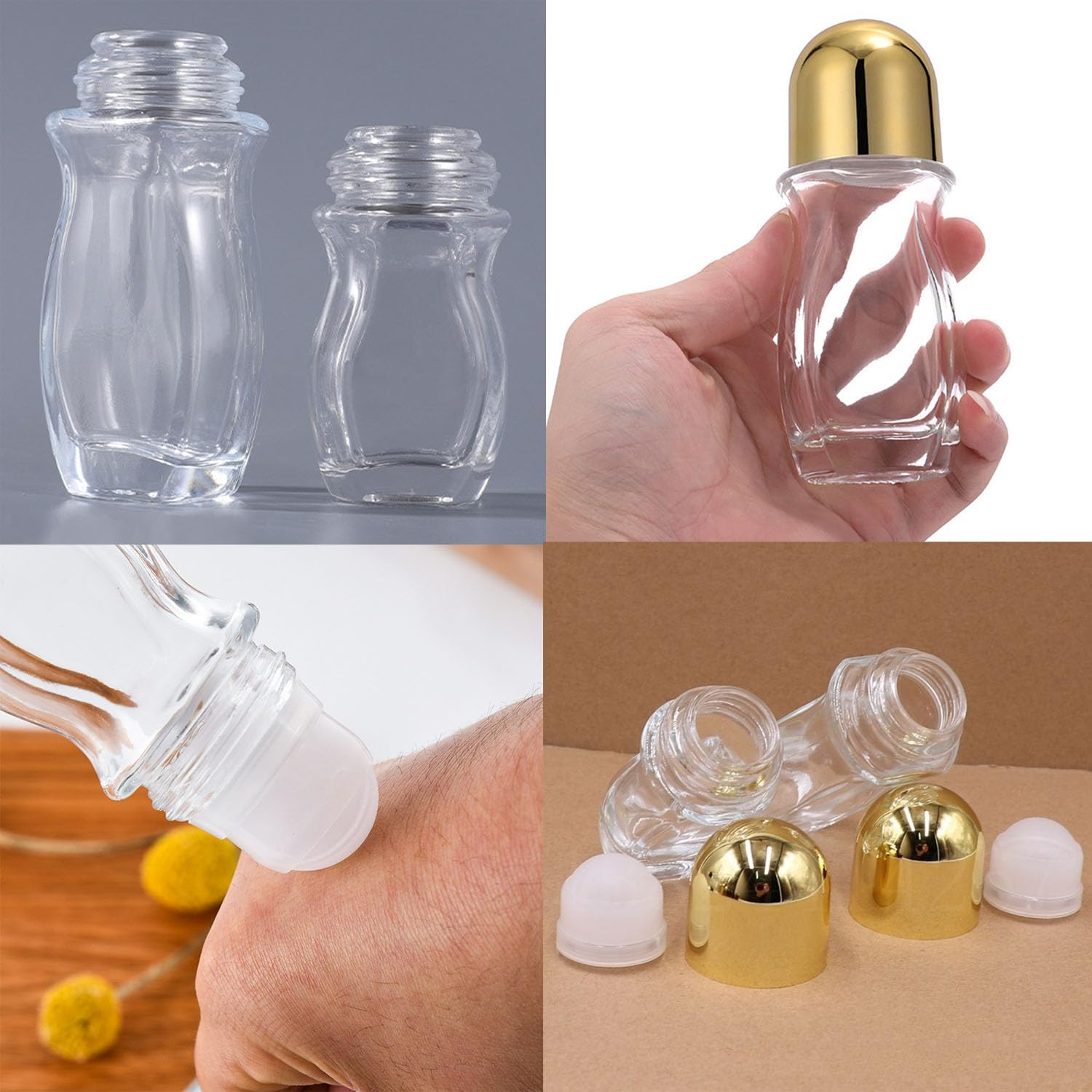 Taicols Glass Roller Bottles, 5 Pcs Empty Clear Glass Roll-On Bottles with Roller Ball, Deodorant Essential Oils Roller Vial Jars/Bottles, Essential Oil Roller Bottles (Gold(50Ml)) - Black(30Ml) image number 3