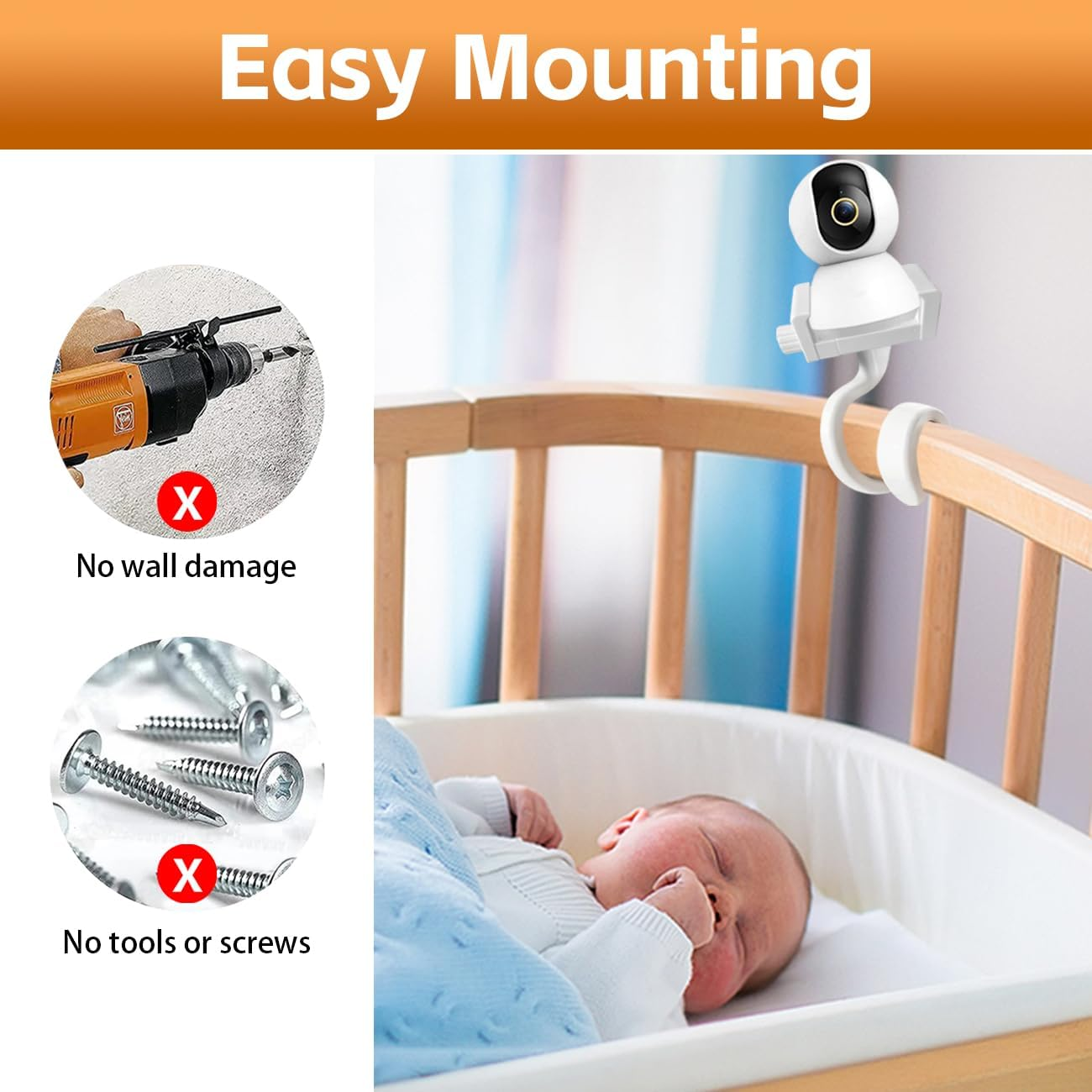 Flexible Baby Monitor Mount-Universal Baby Monitor Holder with 1/4 Screw Twist,No Drilling Crib Camera Stand for Crib Frame or Furniture,Compatible with Arlo/Motorola/Hello Baby/Most Monitor Cameras image number 3