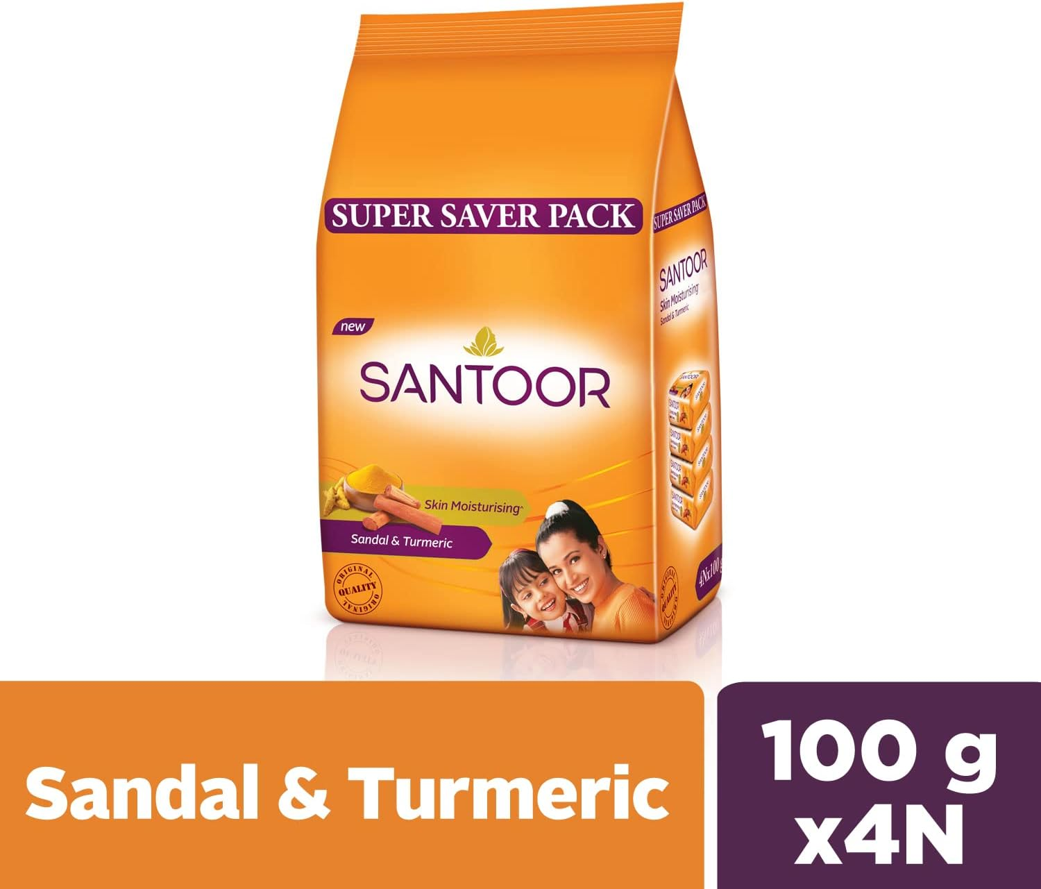 Santoor Sandal & Turmeric Soap for Total Skin Care, 100G (Pack of 4, Super Saver Pack) image number 3