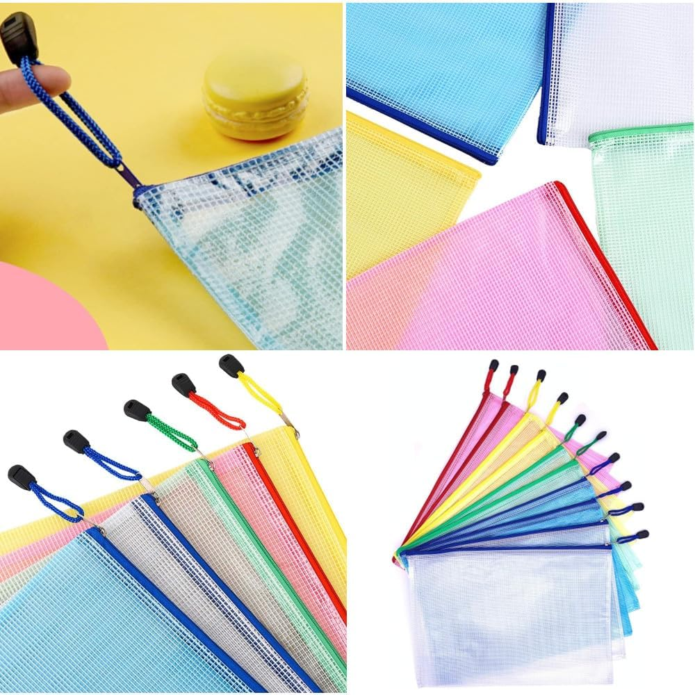 10Pcs A4 Mesh Zipper File Bags,Reusable File Folders Waterproof Document Bags,5 Color Zipper Bags for School Office Supplies, Home and Business Travel image number 1