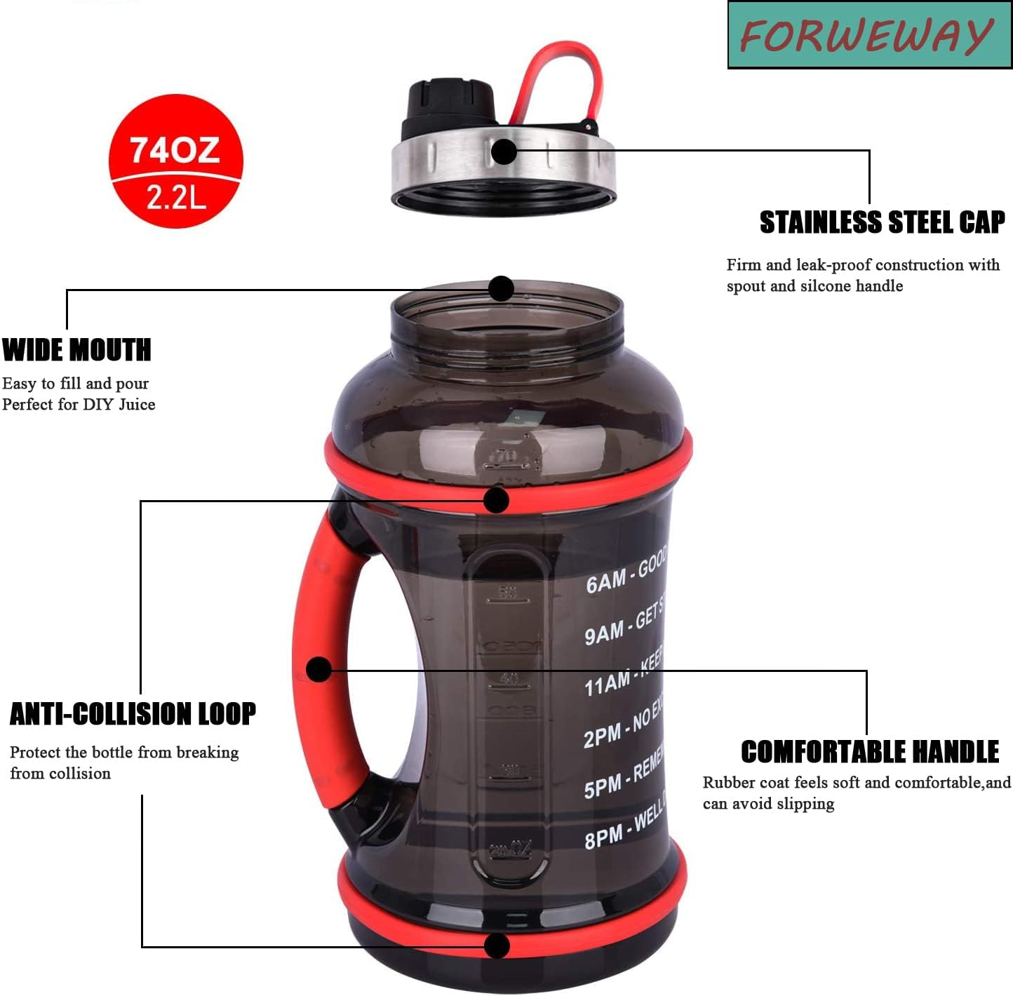 FORWEWAY Large Sports Water Bottle 2.2L Eco-Friendly Bpa-Free Leak-Proof Extra-Strong Reusable Durable with Capacity Maeker Big Water Container for Outdoor Fitness Cycling Hiking Camping (2.2L Black) image number 4