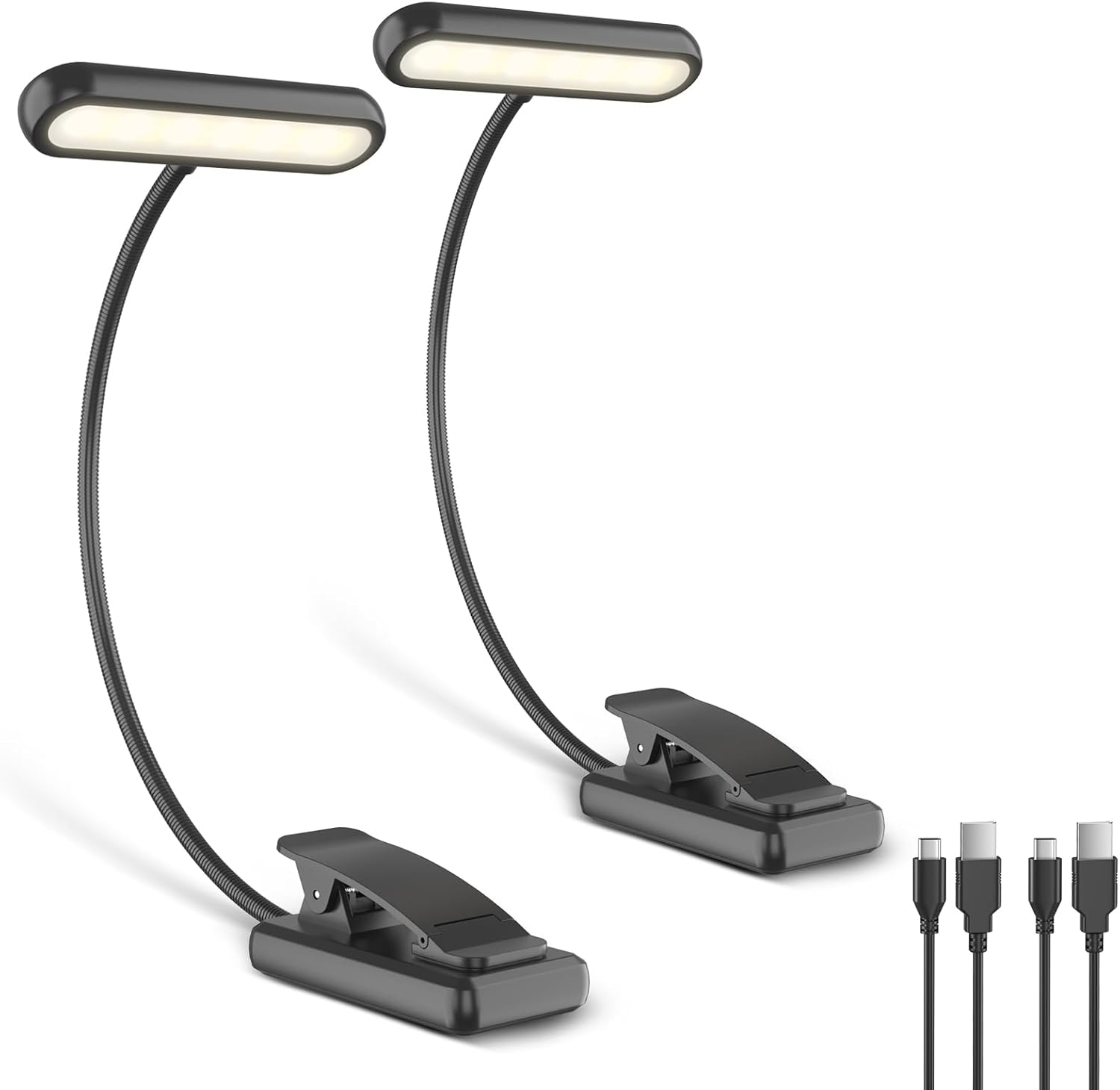 Book Light, [Adapter Included] Rechargeable Book Lights for Reading at Night in Bed with 3 Color & 10 Brightness Dimmable, Flexible Gooseneck Small Clip on Reading Light for Kids - 2 Pack/White
