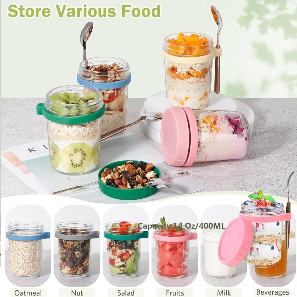 Aufondof 2 Pack Overnight Oats Containers with Lids and Spoons,14 Oz/400Ml Glass Mason Jars for Overnight Oats Airtight Jars Leak Proof Oatmeal Container Meal Prep Jar for Yogurt,Milk,Fuirt,Salad image number 3