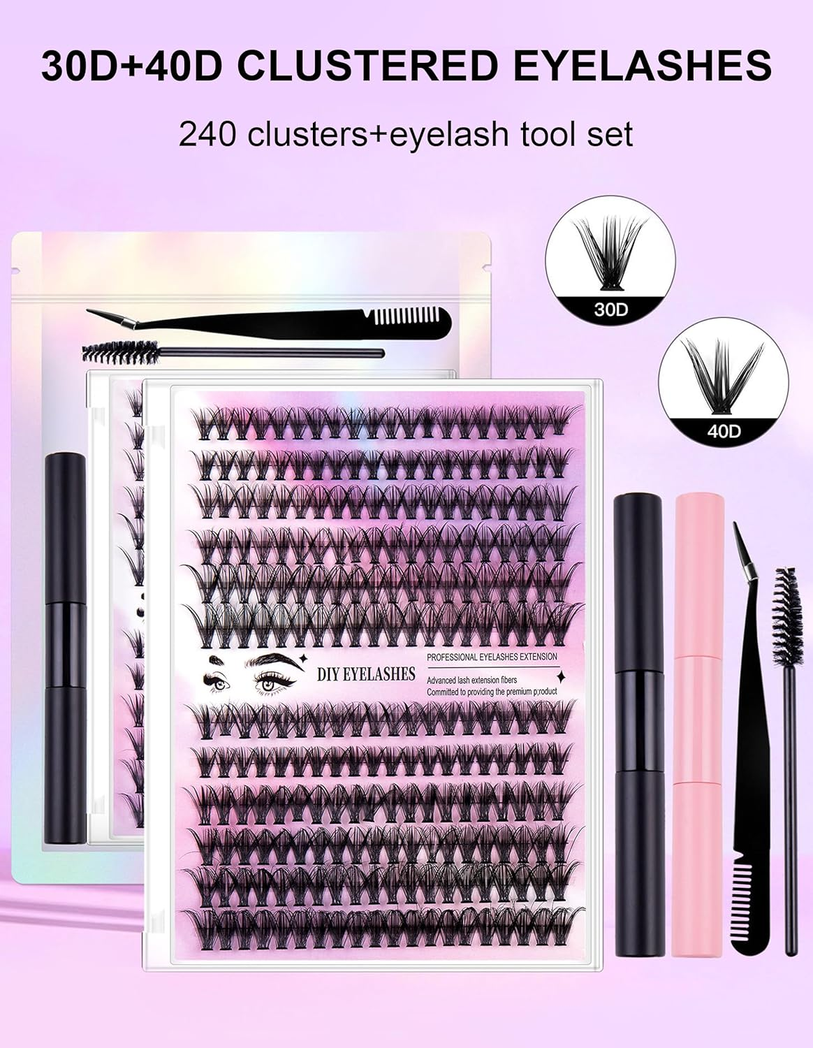 DIY Lash Extension Kit 240Pcs 30D+40D Lash Clusters Eyelash Extension Kit with Lash Bond and Seal Individual Lashes Kit Eyelash Tweezers Eyelash Brush False Eyelashes Natural, Pink