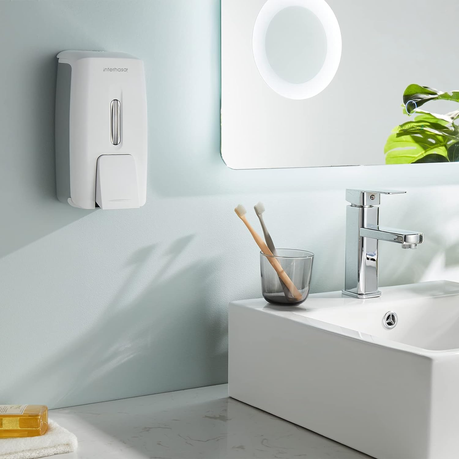 Interhasa! Manual Soap Dispenser Wall Mounted Hand Commercial Liquid Soap Dispenser 800Ml for Kitchen Bathroom Support Liquid Gel Soap, ABS, White, 0.47Kg, 110 * 90 * 225Mm - Silver image number 3