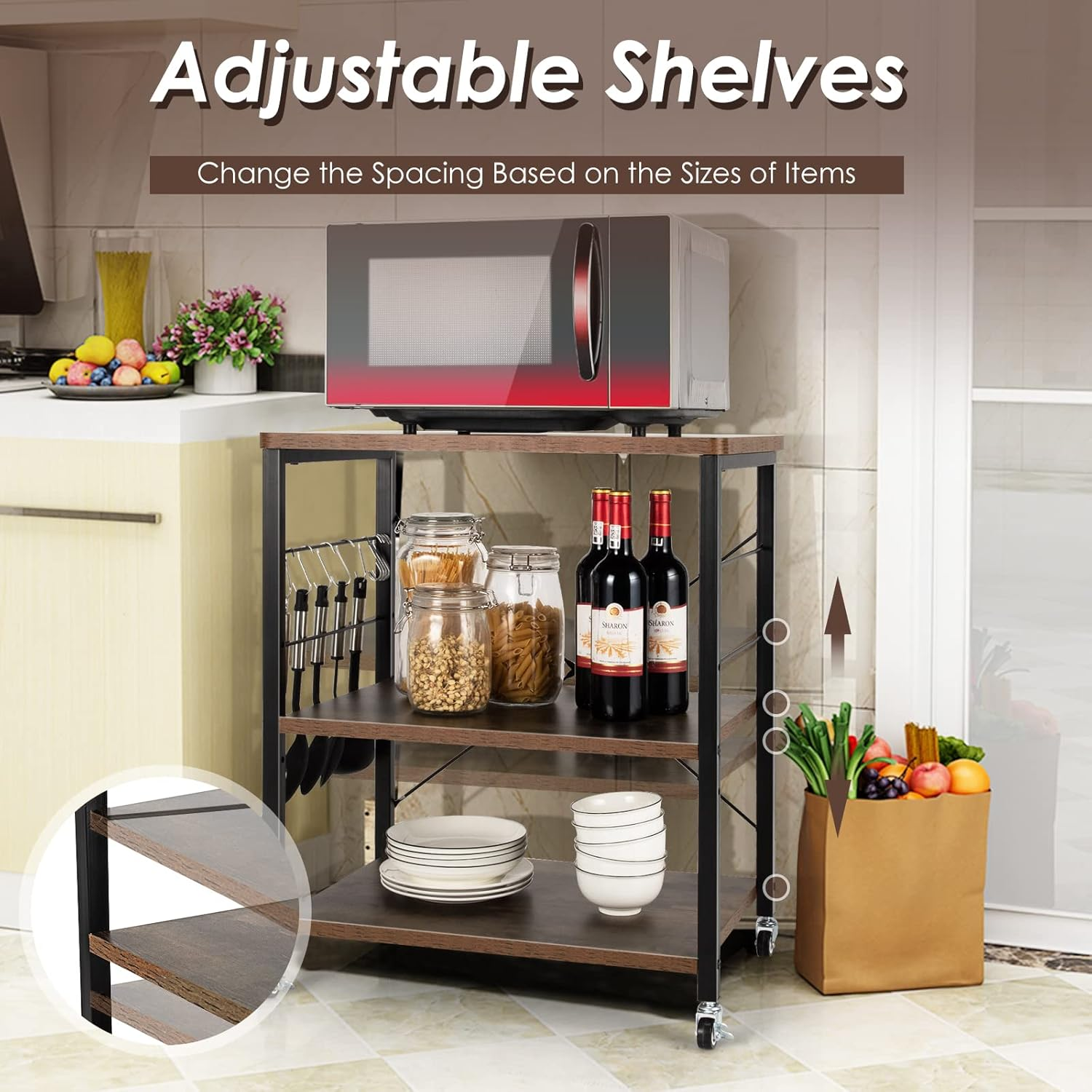 Costway 3-Tier Baker&rsquo;S Rack, Kitchen Utility Serving Cart W/ 10 Removable Hooks, Standing Microwave Shelf Metal Frames W/Lockable Casters for Coffee Restaurant Hotel (Rustic Brown) image number 2