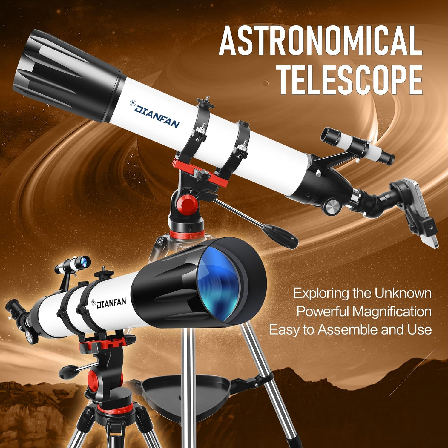Dianfan Telescope,90Mm Aperture 800Mm Telescopes for Adults Astronomy,Portable Professional Refractor Telescope for Beginners & Kids,With Stainless Tripod & Phone Adapter,Carry Bag image number 4