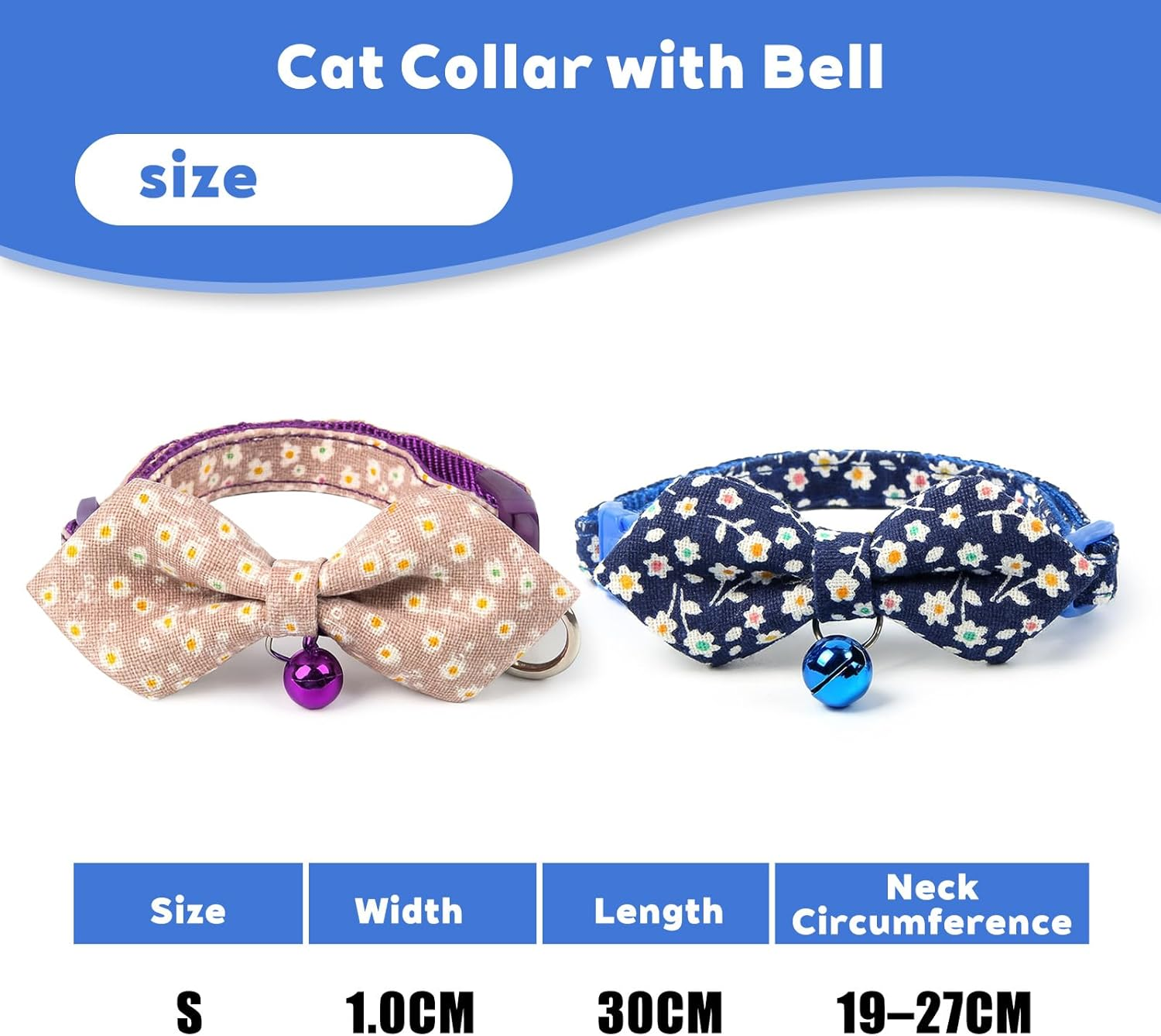ARYIMYDP Pack of 2 Cat Collars with Safety Clasp and Bell, Adjustable Collar for Cats and Dogs, Lightweight Bow Design with Floral Pattern, Comfortable, Breathable (19-27 Cm) image number 1