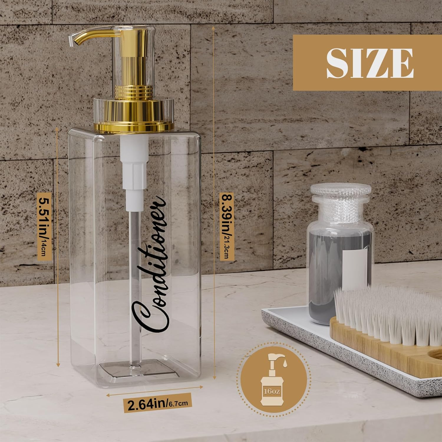 Akalin Shampoo and Conditioner Dispenser 16Oz, Set of 3 Refillable Shampoo and Conditioner Bottles with Pump, 3 Clear Body Wash Dispenser for Shower, Gold Soap Dispenser Bathroom (Clear) - White image number 6