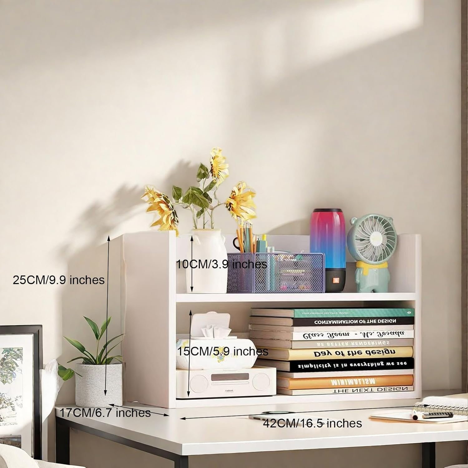 Bookcase, Desktop Organiser Shelf, 2-Tier Wooden Storage Rack for Books and Office Supplies Bookshelf A206 (White)