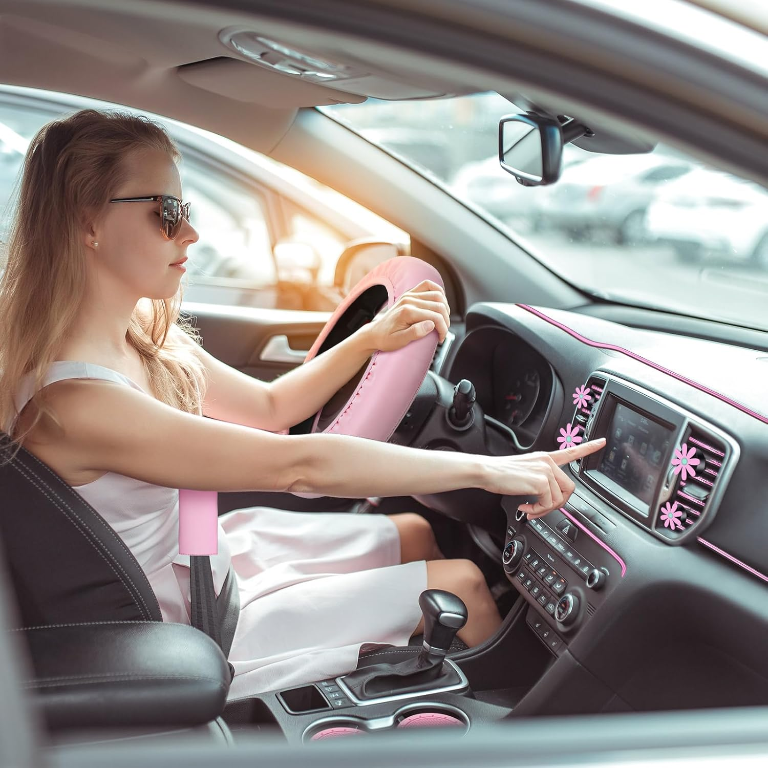 Estune 46 Pcs Car Seat Cover Full Set for Women Pink Wheel Cover Seat Belt Shoulder Pads Cup Holders Bling Start Button Ring Sticker Air Vent Clip Car Vent Outlet Trim with Scraper, Pink image number 1