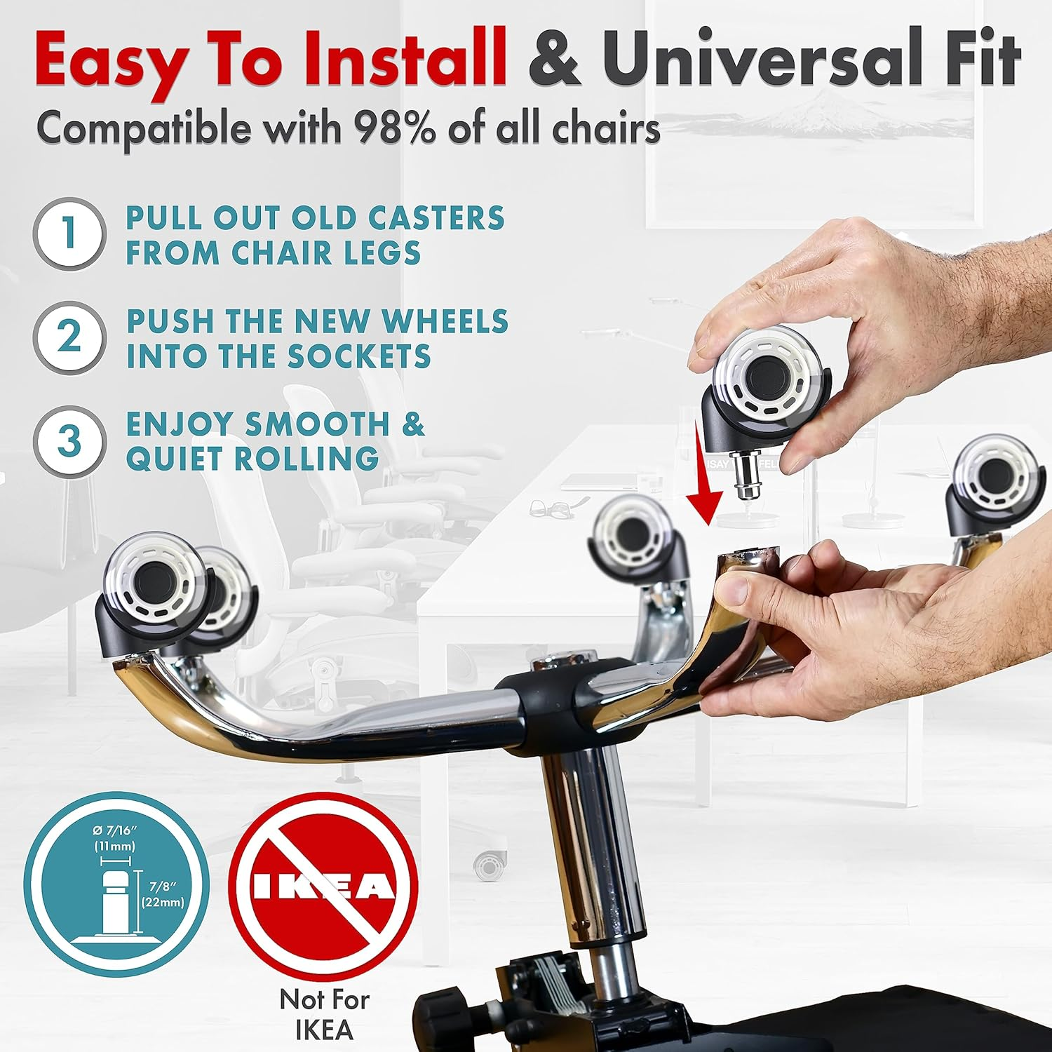 Professional Office Chair Caster Wheels Gift Set of 5 - Protect All Your Floors - 3'' Heavy Duty Replacement Rubber Chair Casters - Best Protection for Your Hardwood Floors image number 1