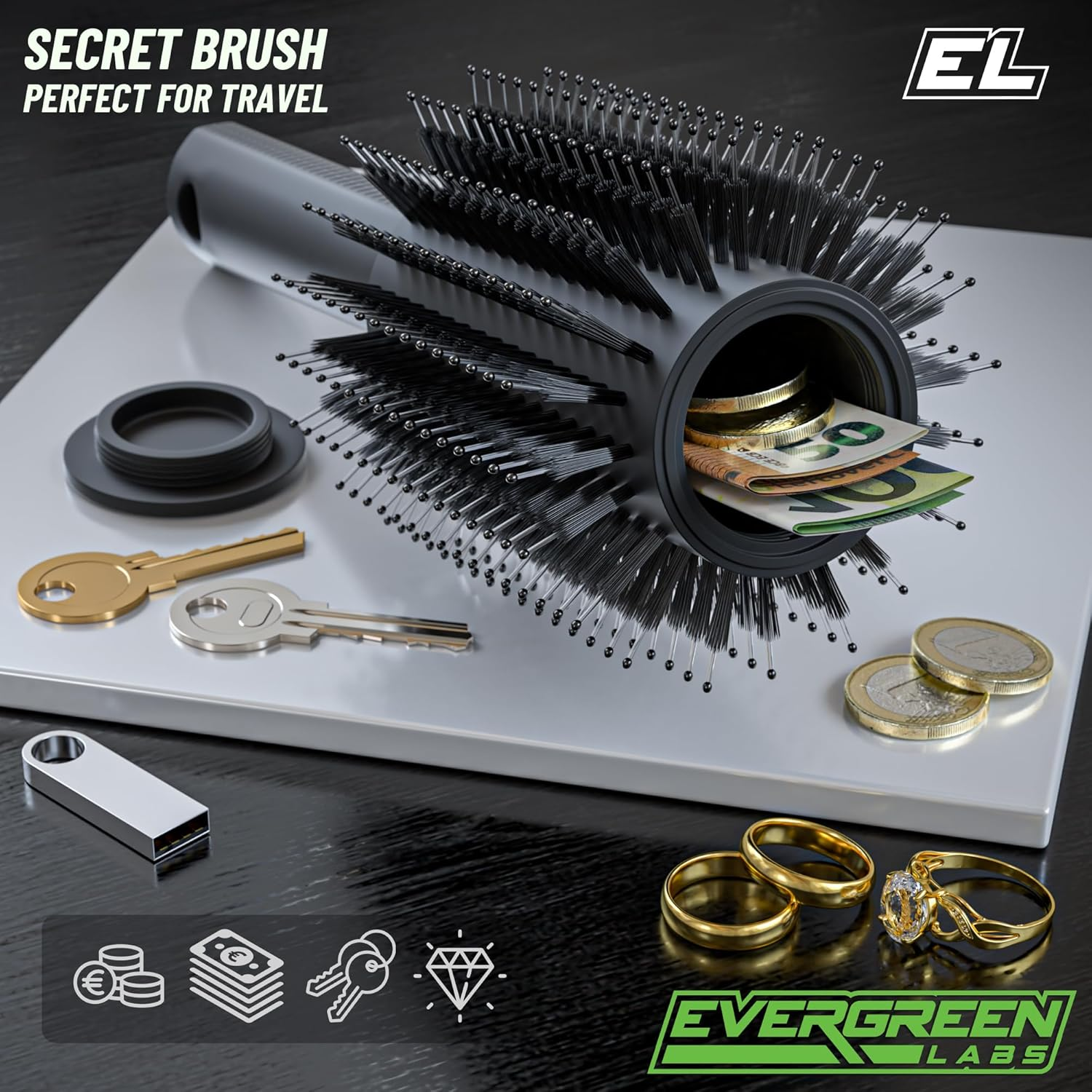 Evergreen Labs Travel Hair Brush with Secret Hideaway. Perfect as a Money Hiding Place for Home or as a Discreet Key Hiding Place on the Go image number 1