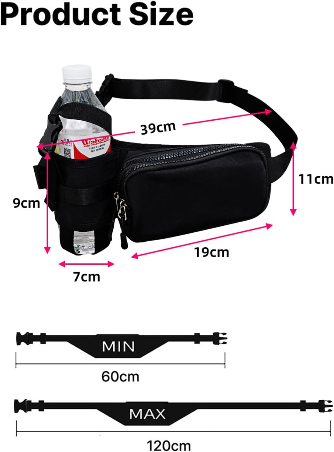 Fanny Pack Waterproof Waist Bag Pack Men Women Hip Bum Bag with Water Bottle Holder Adjustable Strap Suitable for Outdoors Workout Traveling Hiking Cycling Dog Walking Pouch Bag(Black) (Large) image number 4