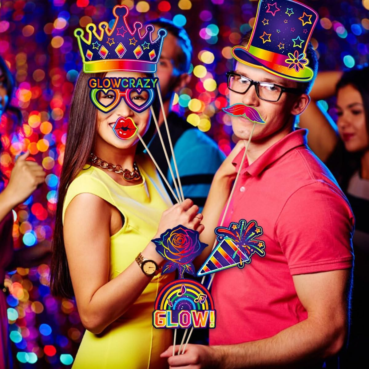 Buziba 30Pcs Glow Neon Photo Booth Props with Stick Neon Theme Selfie Props Party Decoration for Birthday Glow in the Dark Disco Black Light Party Supplies image number 5