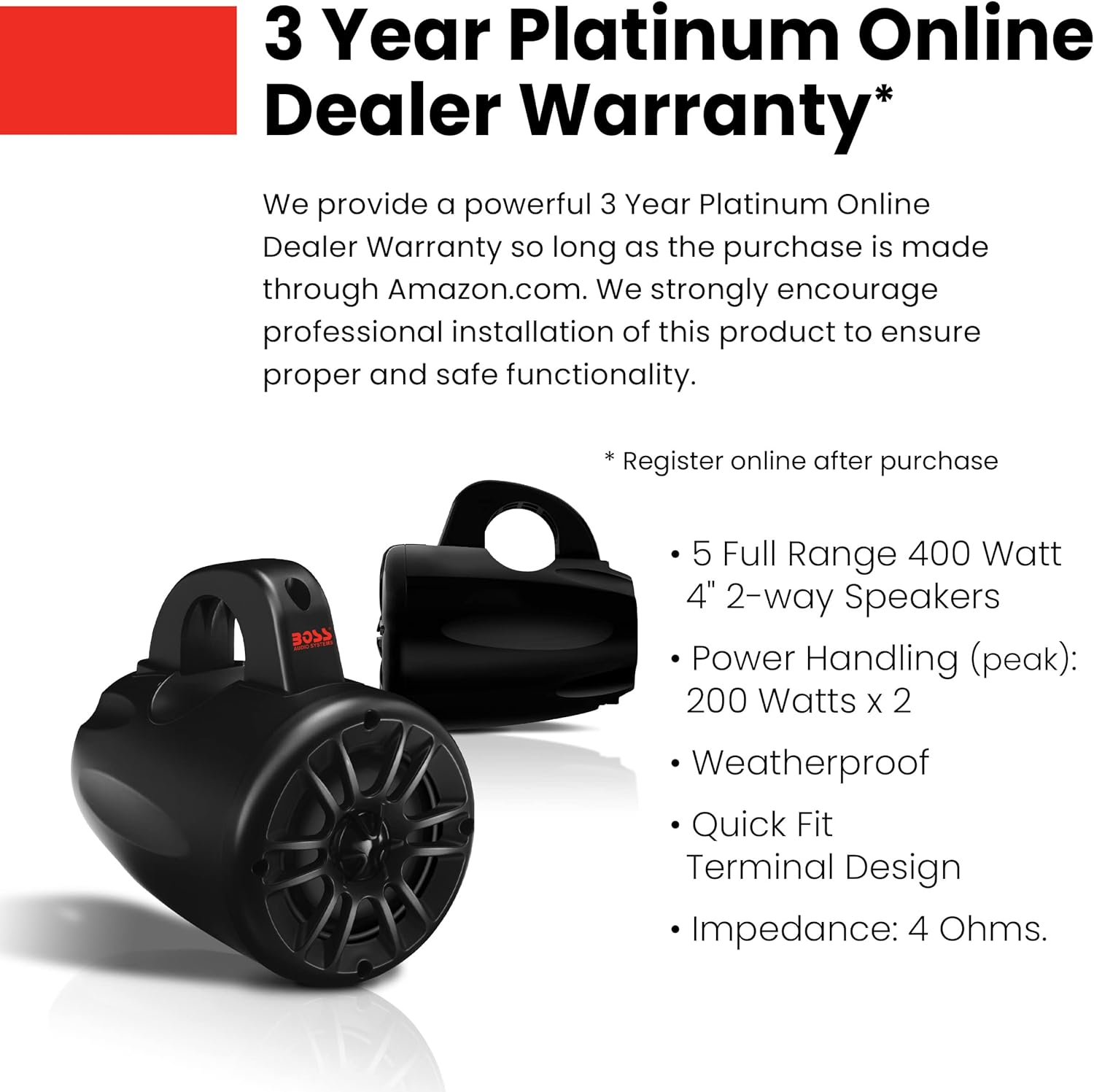 BOSS Audio Systems MRWT40 Marine Waketower Speaker System - 400 Watts of Power per Pair, 200 Watts Each, 4 Inch, Full Range, 2 Way, Marine Grade Weatherproof, Sold in Pairs image number 2