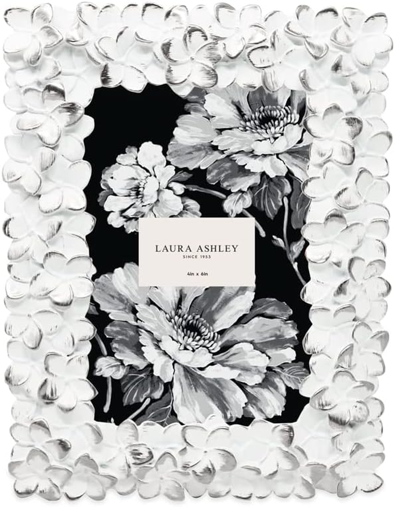 Laura Ashley 4X6 White & Silver Flower Textured Hand-Crafted Resin Picture Frame W/Easel & Hook for Tabletop & Wall Display, Decorative Floral Design Home D&eacute;cor, Photo Gallery, Art (4X6, White/Silver) image number 4