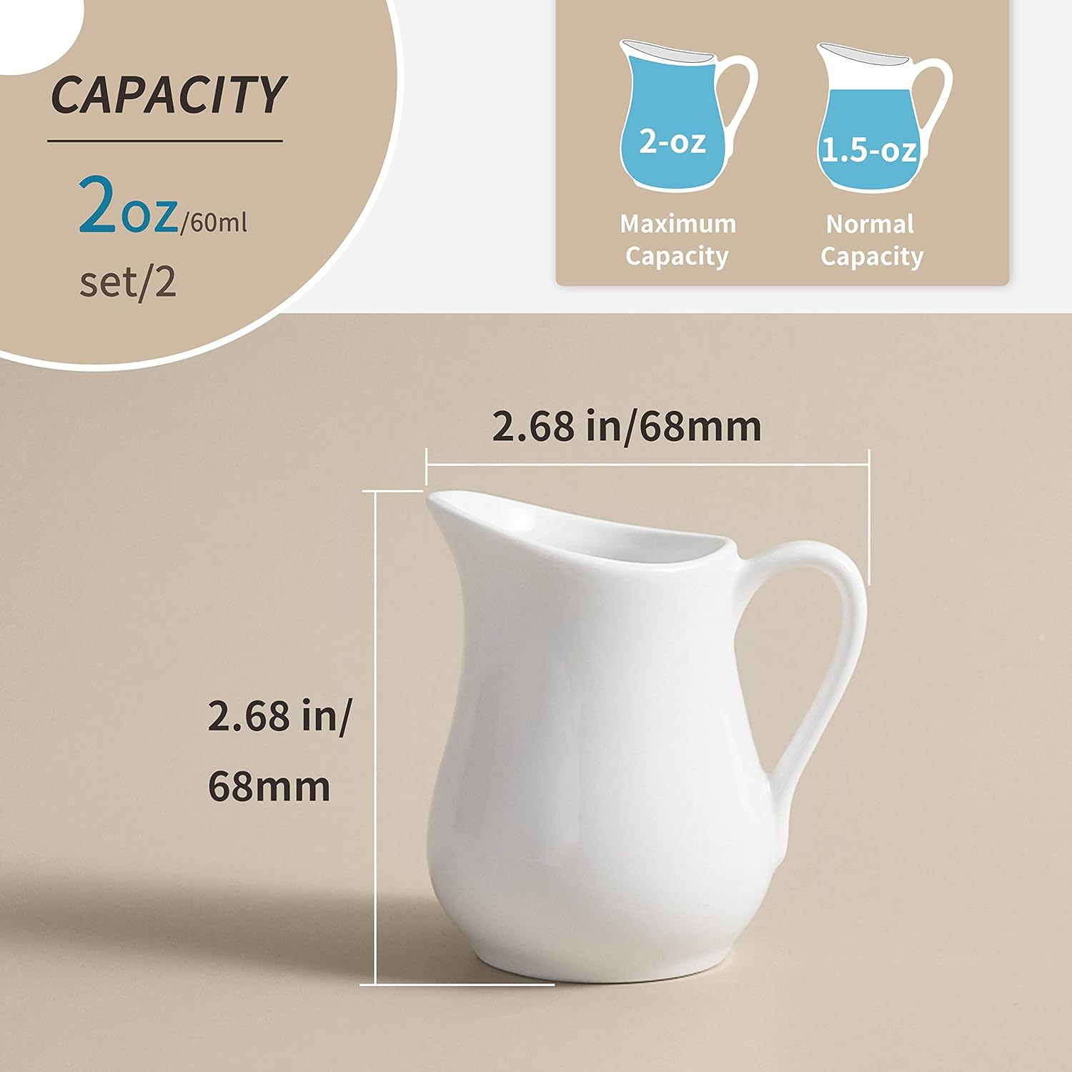 Gurygo 2 Oz (Set/2) Creamer with Handle,Small Classic White Fine Porcelain Creamer Pitcher, Small Milk Pitcher for Coffee Milk Sauce - Microwave & Freezer Safe image number 5