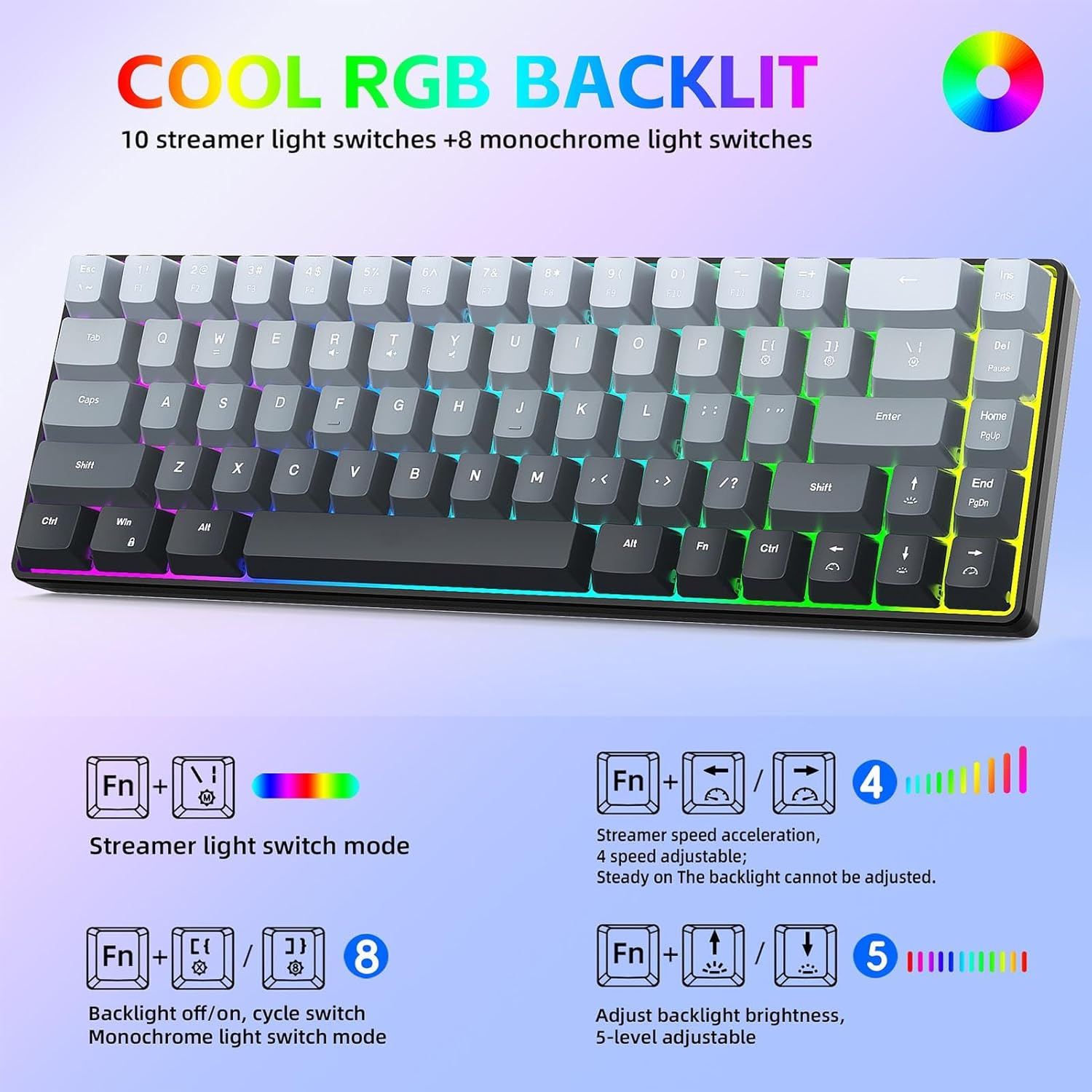 XUMIUZIY 60% Mechanical Keyboard, 68 Keys RGB Backlit Wired Gaming Keyboard, Hot Swappable, 25 Key anti Ghosting, Ergonomic Membrane Keyboards for Laptop PC (Gradient Black) - Gradient Black image number 4
