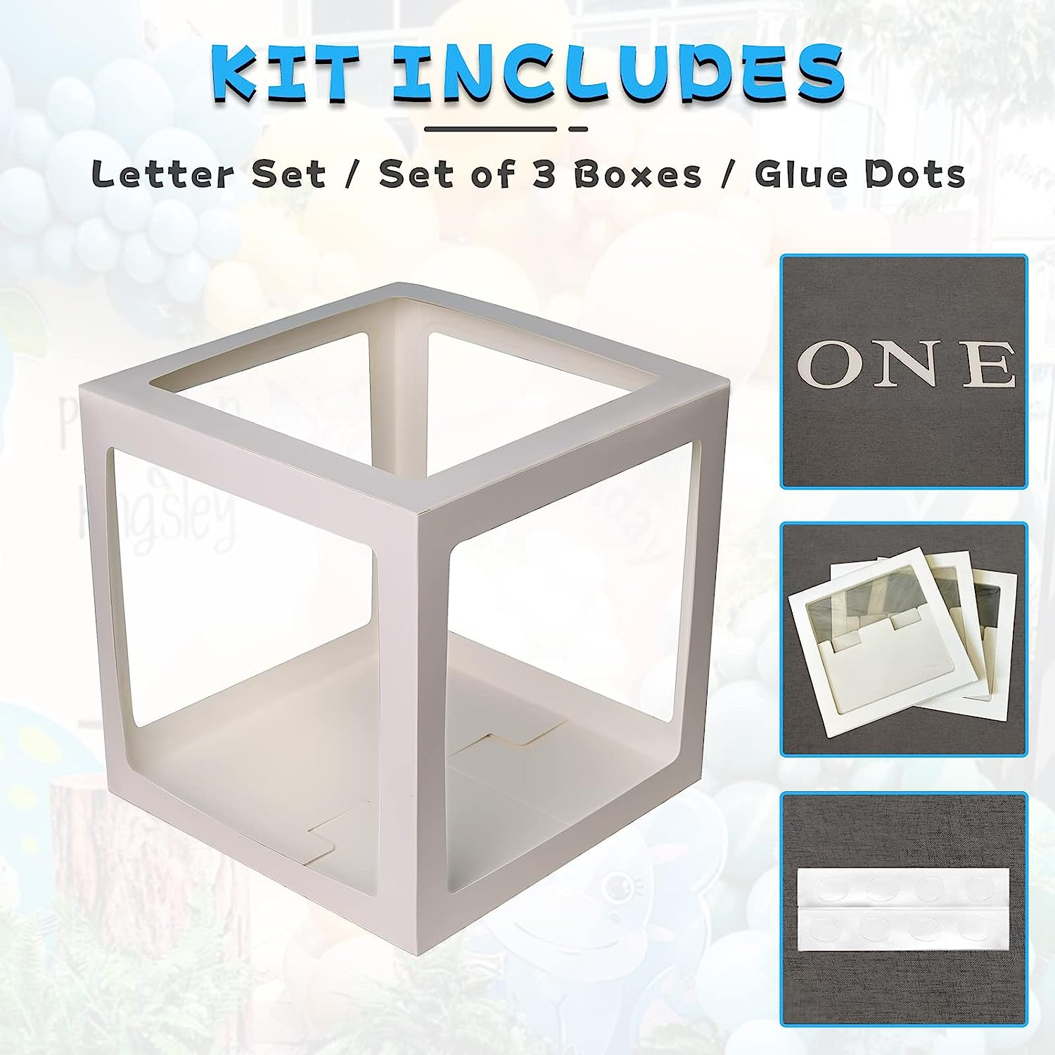 YALLOVE Baby Boxes for 1St Birthday, ONE Letters for Baby Shower Decoration, White Transparent Balloon Gift Box - Silver-One image number 3