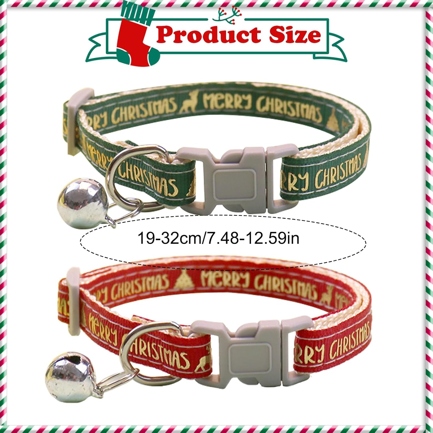 2 Pcs Christmas Dog Collar with a Bell, Red Green Christmas Adjustable Pet Collar 19-32Cm, Comfortable Cotton Durable Breakaway Dog Collar for Small Medium Dogs, Christmas Dog Gift (Gold Print) image number 2