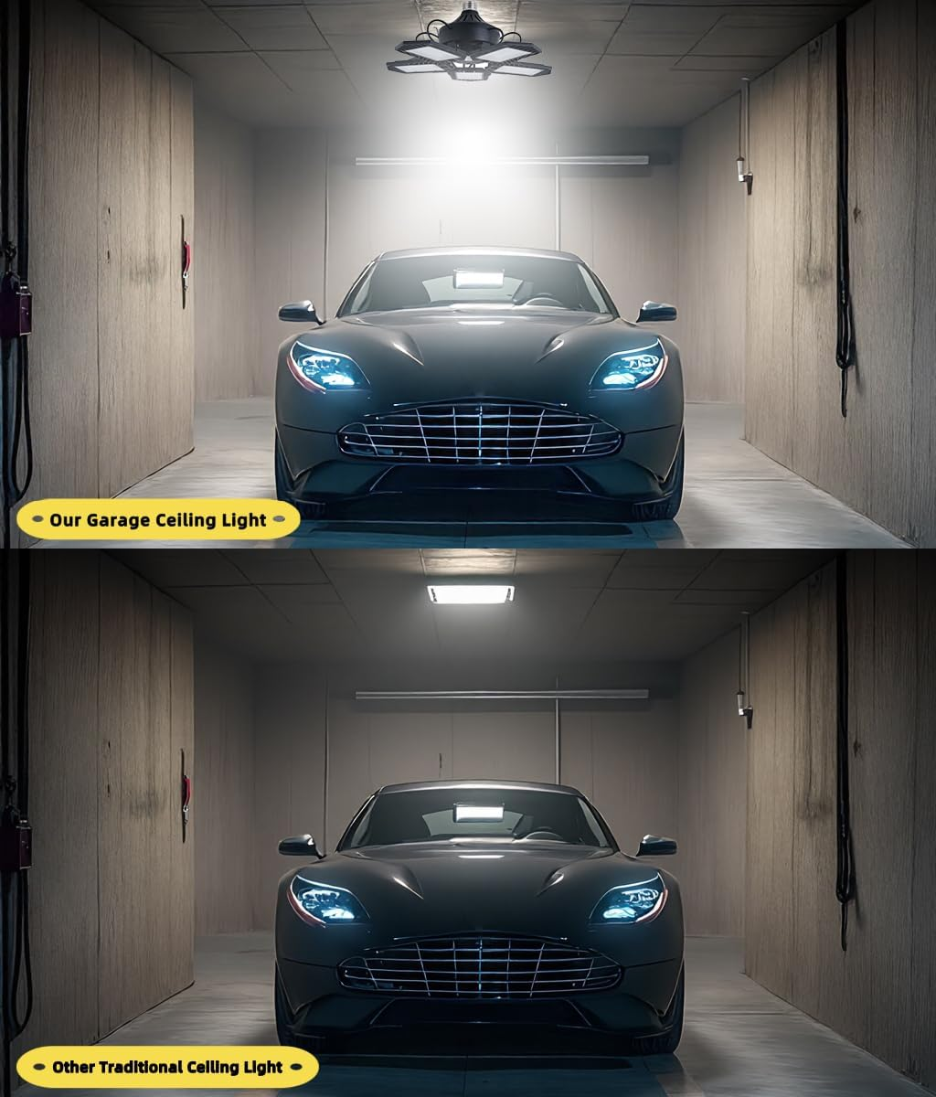 Motion Activated Deformable LED Garage Light E27 Ceiling Lights, Motion Sensor LED Workshop Light 7500LM Aluminium Lamp 360 Degrees 80W with 5 Adjustable Panels Quintet LED Lighting for Garage Attic