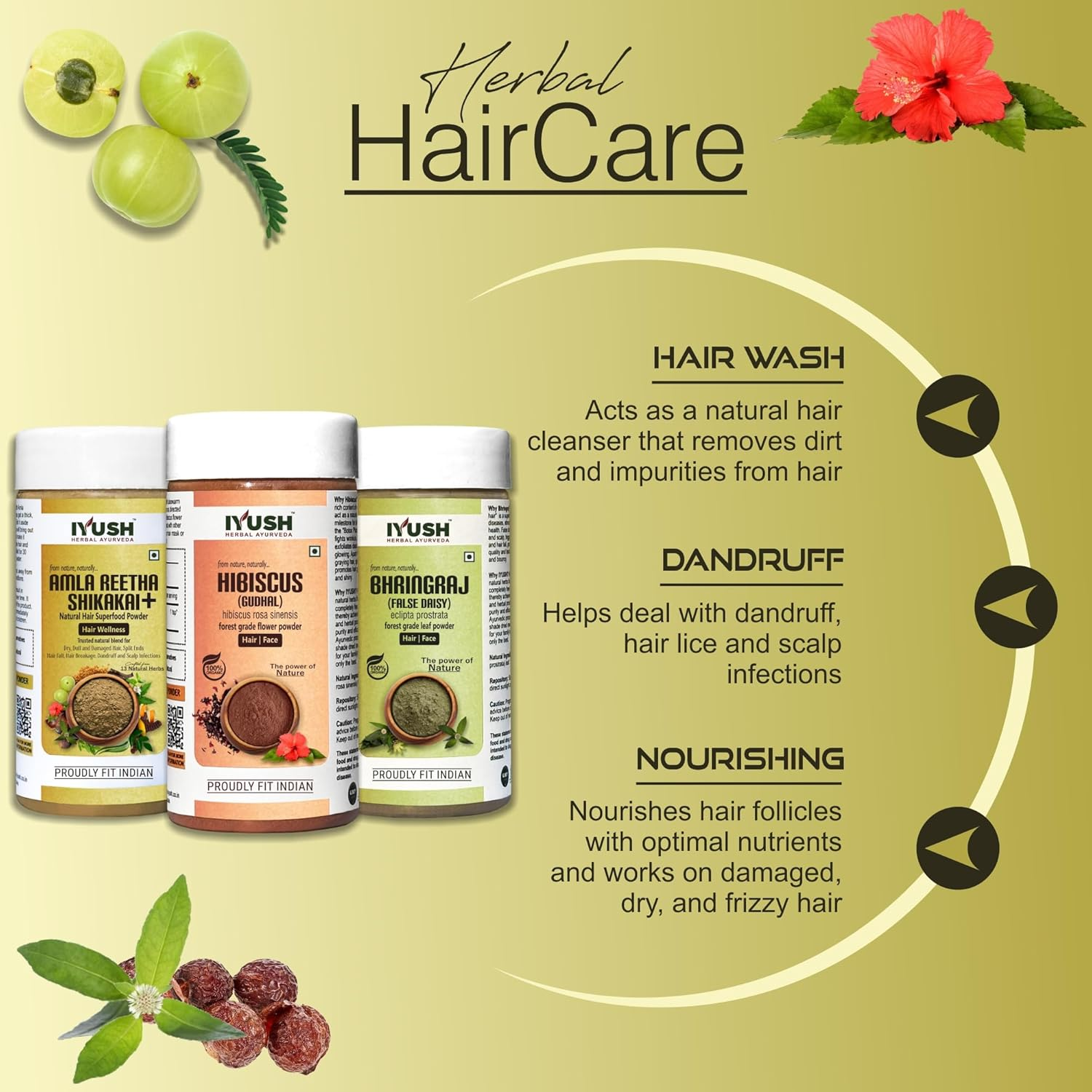 IYUSH Herbal Ayurveda Amla Shikakai Reetha Powder for Hair with 13 Herbs plus Bhringraj Powder and Hibiscus Powder for Hair Growth &ndash; 300Gm | Herbal Hair Wash Powder | Hair Volume Powder | 100Gm Each image number 5