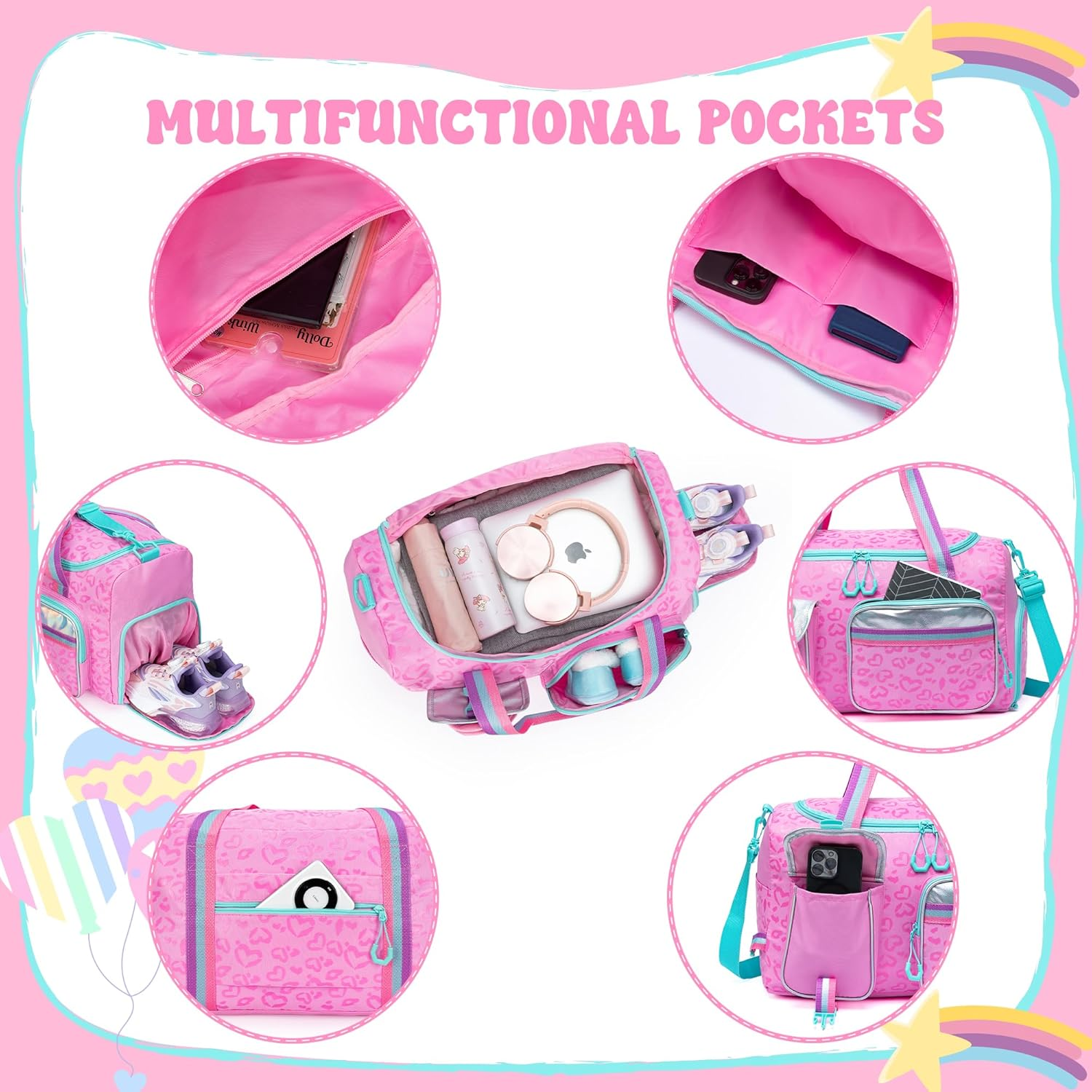 Kids Rolling Duffle Bag with Wheels Women Girls Duffle Bag with Wheels and Handle with Makeup Bag Travel Toiletry Bag, Pink Love - Pink Love image number 6