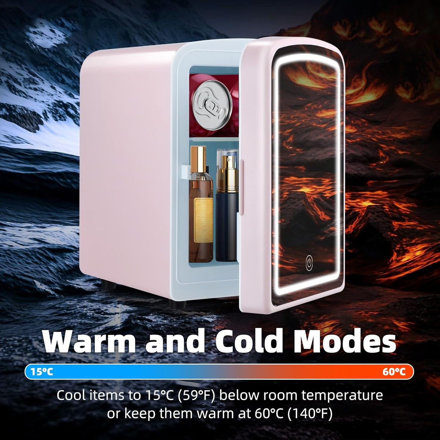 Maxkon 4L Beauty Mini Fridge (4 Liter/6 Can) with LED Light Makeup Mirror, Skincare Fridge for Refrigerating Make Up, Skin Care and Food, Portable Mini Fridge for Bedroom, Office and Car, White image number 5