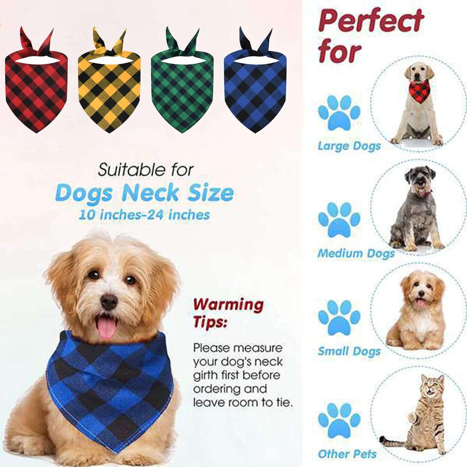 RTRTGS Set of 4 Classic Checked Dog Bandana Made of Cotton, Dog Triangle Neckerchief, Adjustable Bandana, Triangular Scarf for Dogs in Various Sizes (60 X 40 X 40 Cm), Multicoloured image number 6
