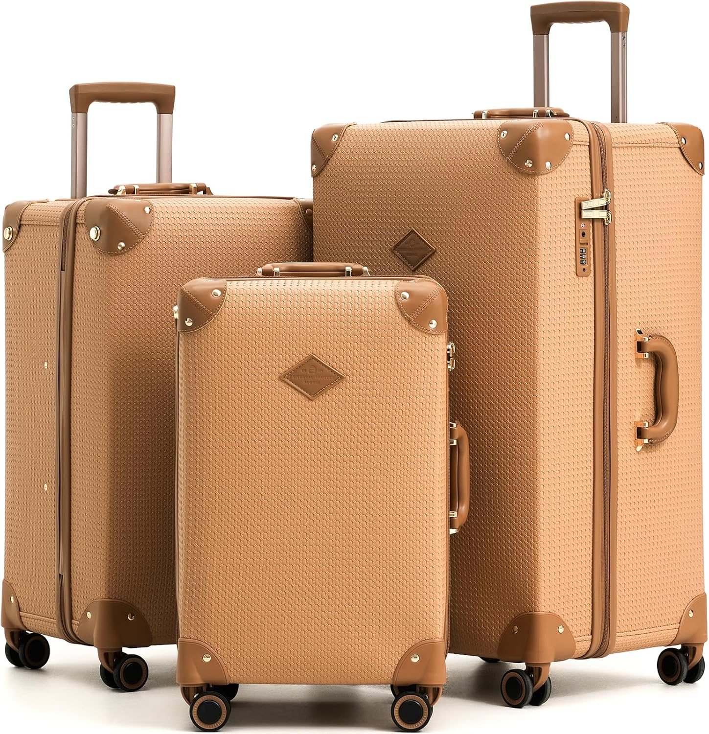 Universal Trotter 3-Piece High-Capacity Lightweight Vintage PU Leather Hardshell Luggage Set (20/24/28 Carry-On & Checked), Water-Resistant PU Trunk Style, 360&deg; Spinner Wheels, Woven Caramel, 20''+24