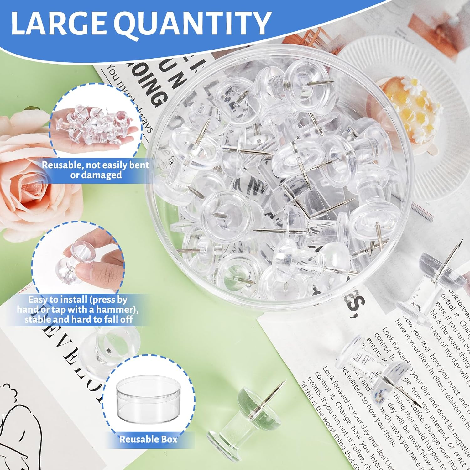 DANRONG 30 PCS Jumbo Push Pins for Bulletin Board, Large Thumb Tacks for Wall, 1.81 Inch, Giant Clear Thumbtacks, Pin Tacks for Cork Board Hanging Maps Photos Posters Calendar, Office School Supplies image number 1