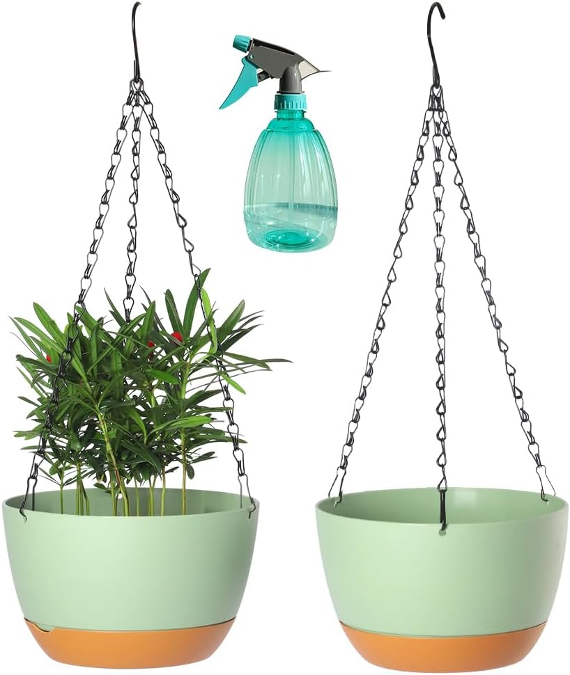 2 Pack Plastic Hanging Planters Set,8.3 Inch Hanging Flower Plant Pot with Drainage Hole for Indoor Outdoor Plants, round Hanging Basket with Removable Tray for Home Garden Porch Balcony Patio Decor