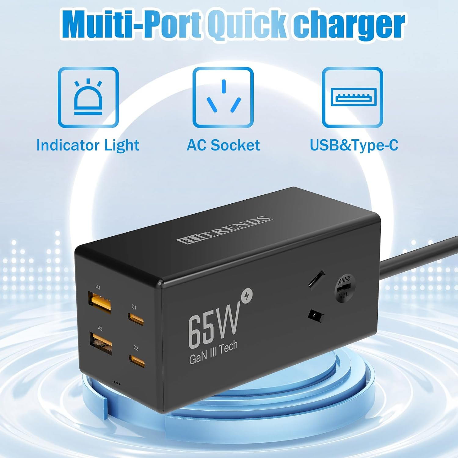 HITRENDS Gan 65W USB C Powerboard Fast Charging Station, 6 in 1 Travel Power Strip with 2 AC Outlets, 4 USB (2 USB C), Extension Cord 1.5M, Desktop Outlet Extender for Laptop, Macbook, Iphone, Work
