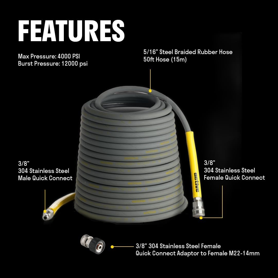 ACTIVE Pressure Washer Hose 50 Ft 5/16" - Kink Resistant Steel Braided Power Washer Hose for All Electric & Gas Pressure Washers, Flex Hose W/Max 4000 PSI & 12 GPM at a Peak Temperature of 212F