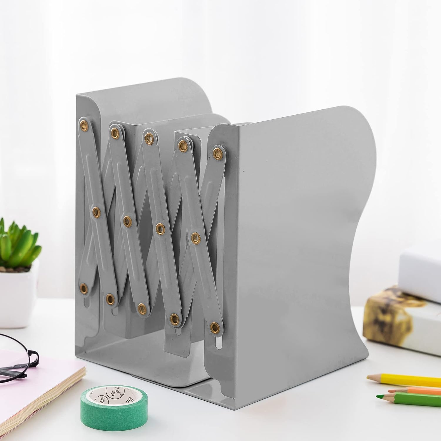 Adjustable Book Ends,Grey Large Metal Bookends for Heavy Books, Expandable Bookcase Bookend Stand Holder Book Storage Rack, Book Organizer for Desk, Suitable for Office, Home and School image number 4