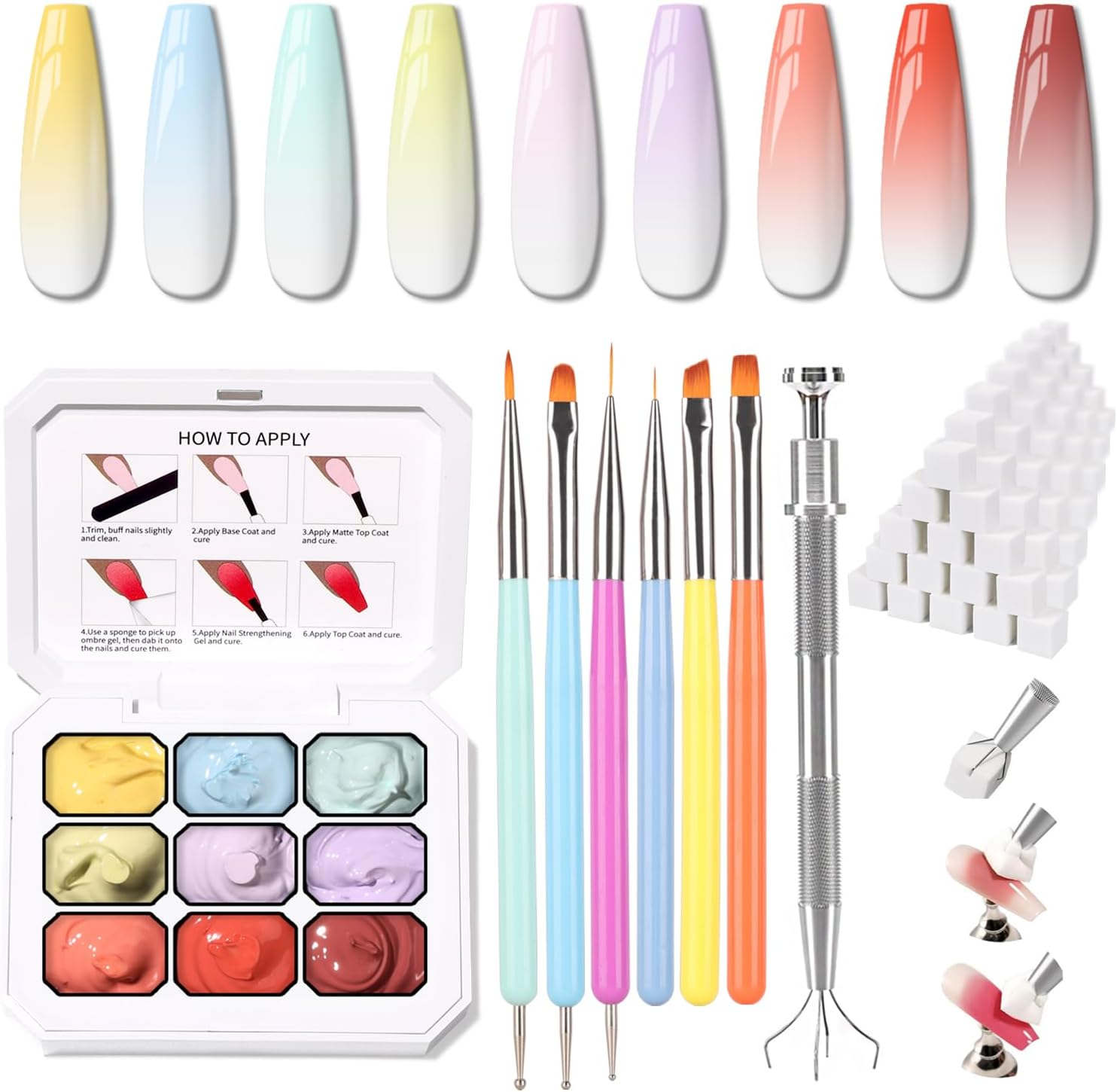 100Pcs Sponges with Grabber and Nail Art Brushes, Nail Tools Set for Ombre Gradient Nail Gel Painting Gel Kit Multifunctional Nail Brushes for Nail Design (Brushes Grabber Sponges)
