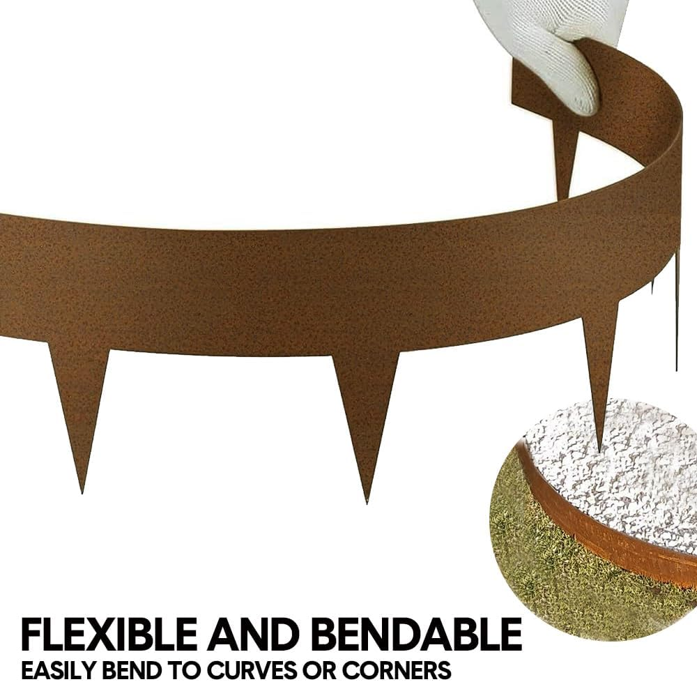 10M Steel Landscape Lawn Edging, Pre Rusted Edging Garden Divider 2.5Cm Depth Patina Bendable Border with 11 Connecting Clips, 10 Pack 101.5Cm Strips with Spikes image number 6