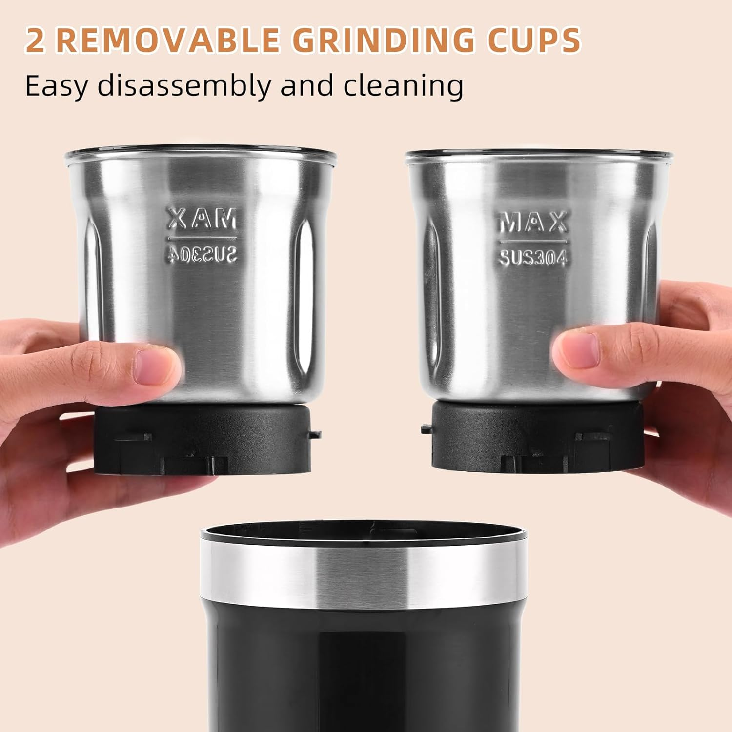 Congeowe Electric Coffee Grinder AU - 200W Removable Wet & Dry Cups, Spice Grinder, Stainless Steel Blade for Beans, Garlic & Spices, Dishwasher Safe (100G Capacity) image number 6