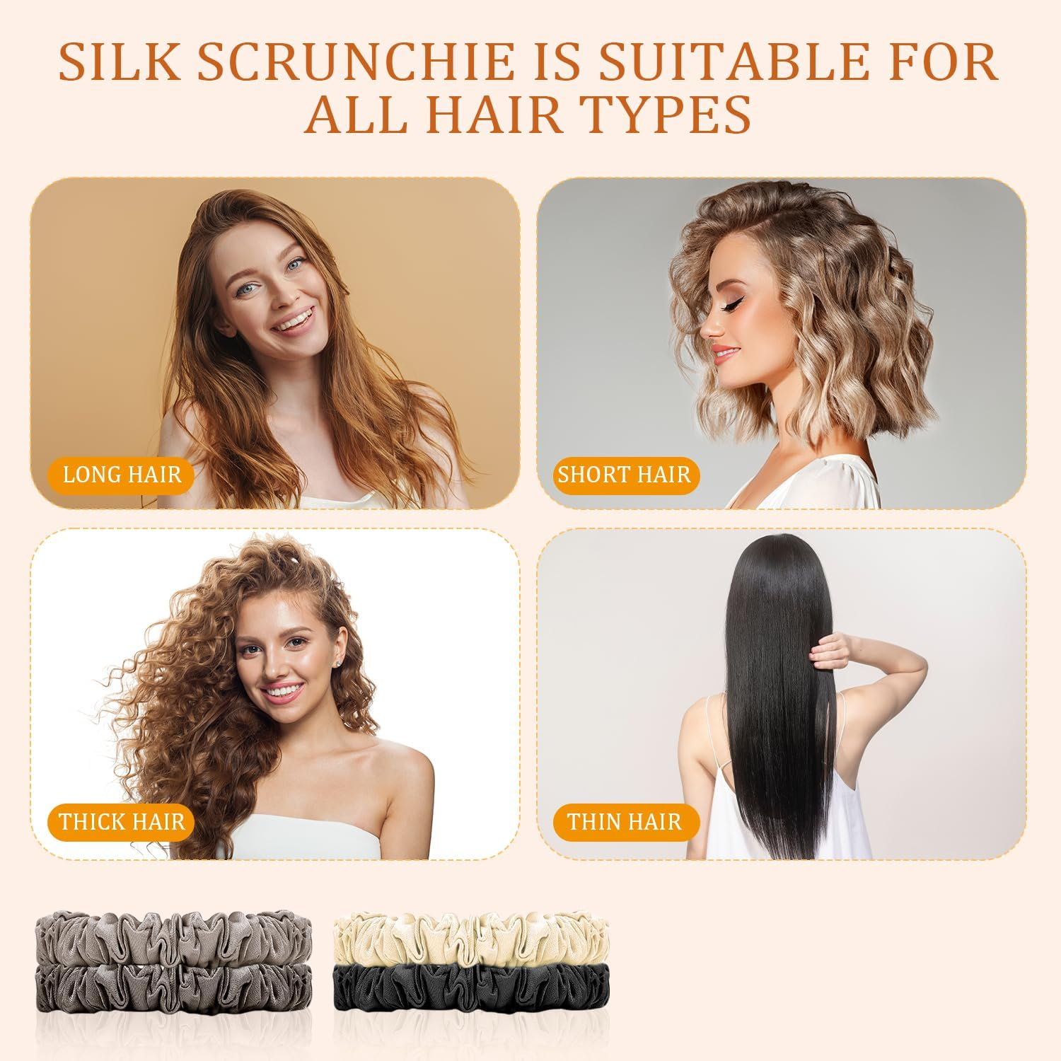 ARWIG 4 Pcs Silk Scrunchies | Silk Hair Ties | Satin Scrunchies | Elastic Hair Bands | Hair Bobbles | Hair Scrunchies for Women | Hair Ties No Damage (Black Khaki Coffee Beige image number 5