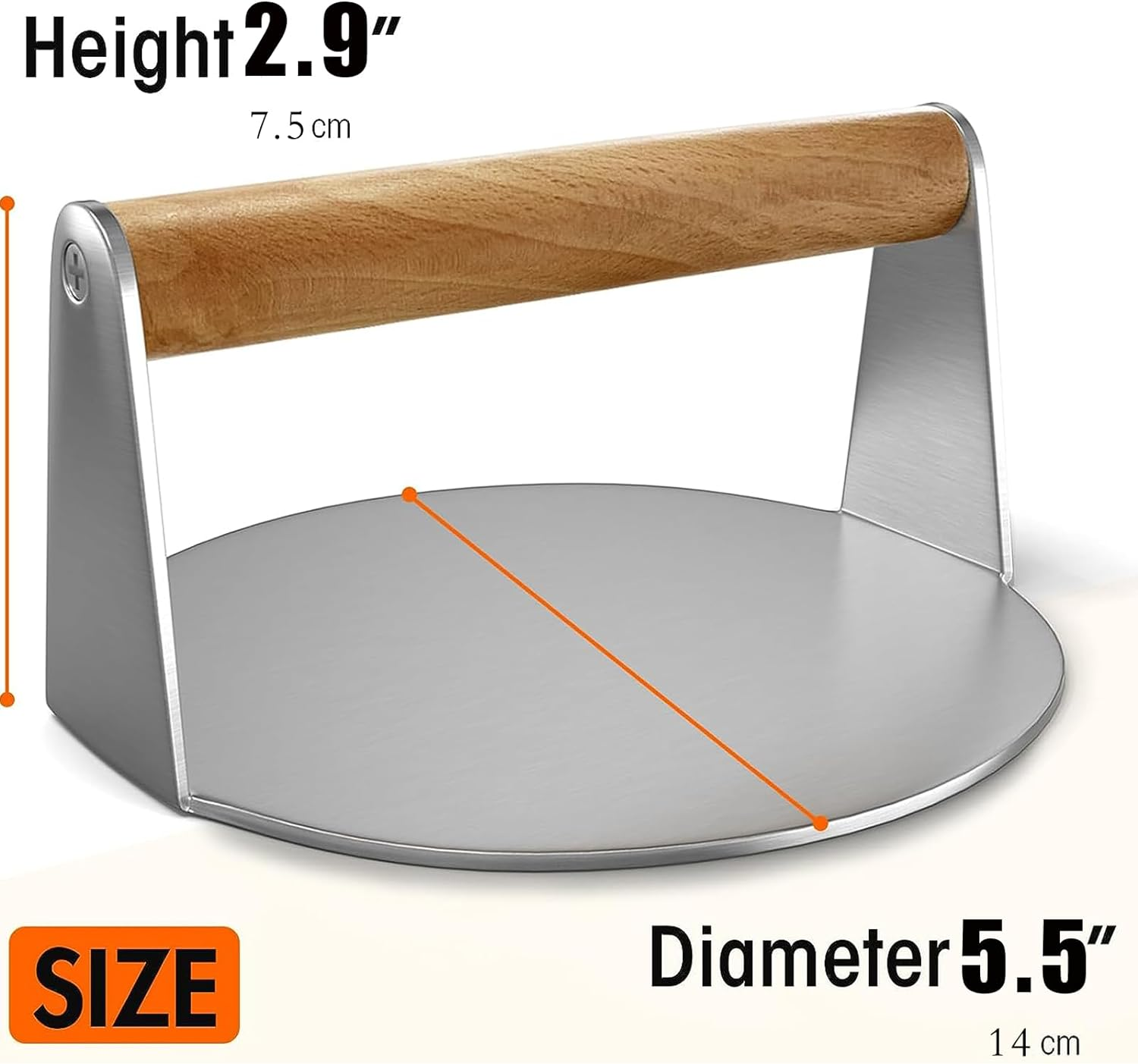 Stainless Steel Burger Press, 5.5 Inch round Burger Smasher, Non-Stick Smooth Hamburger Press Flat Bottom, with Wood Handle, Bacon Press, Grill Press Perfect for Flat Top Griddle Grill Cooking image number 6